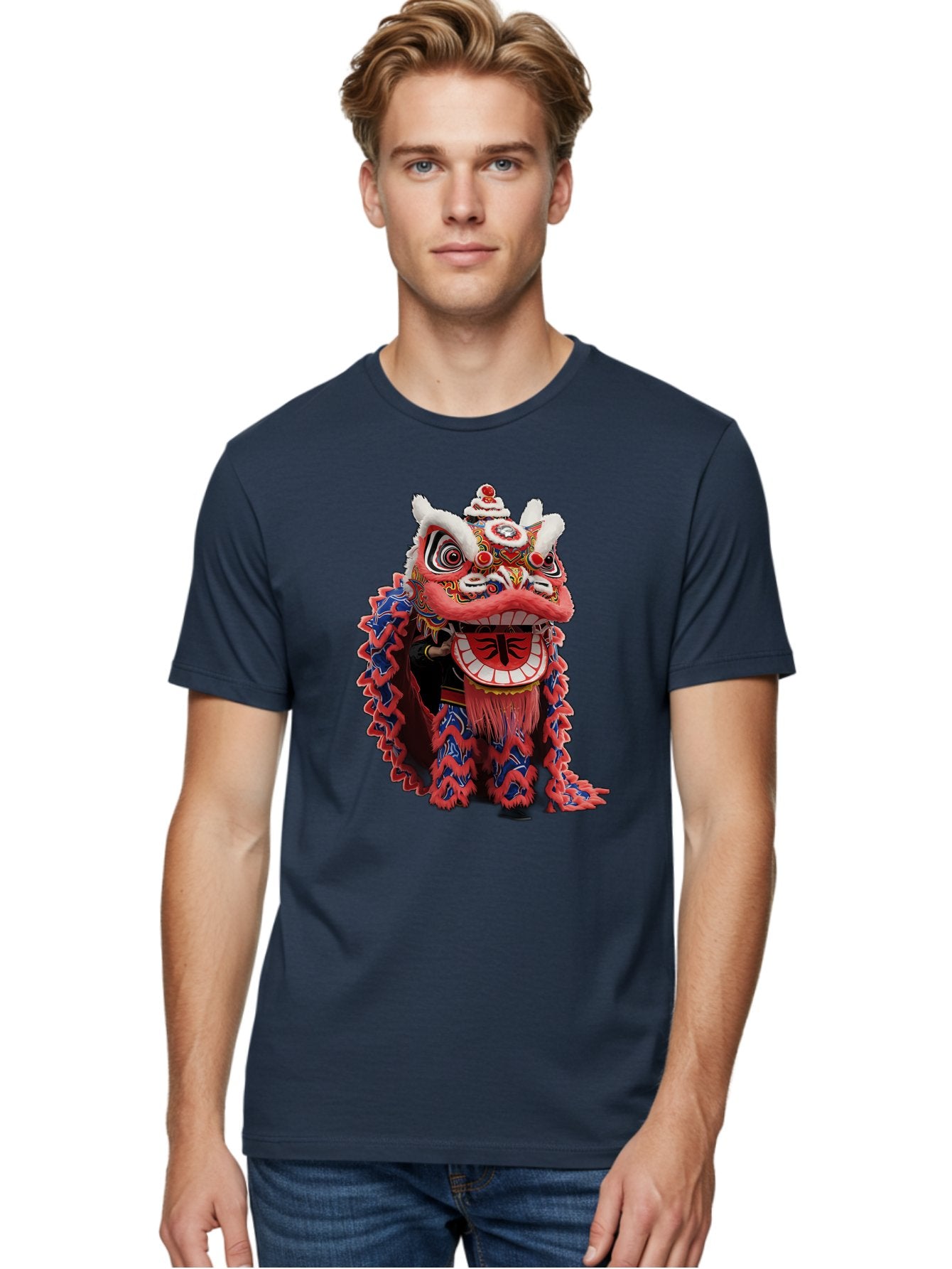 Chinese-Lion-Dance-Head Men'S Graphic Tee, 100% Cotton, Comfortable Casual Summer Wear, Machine Washable, Lion Dance Costume, Traditional Chinese Lion, Cultural Heritage, Festive Celebrations, Vibrant Colors, Intricate Designs, Baa295 20