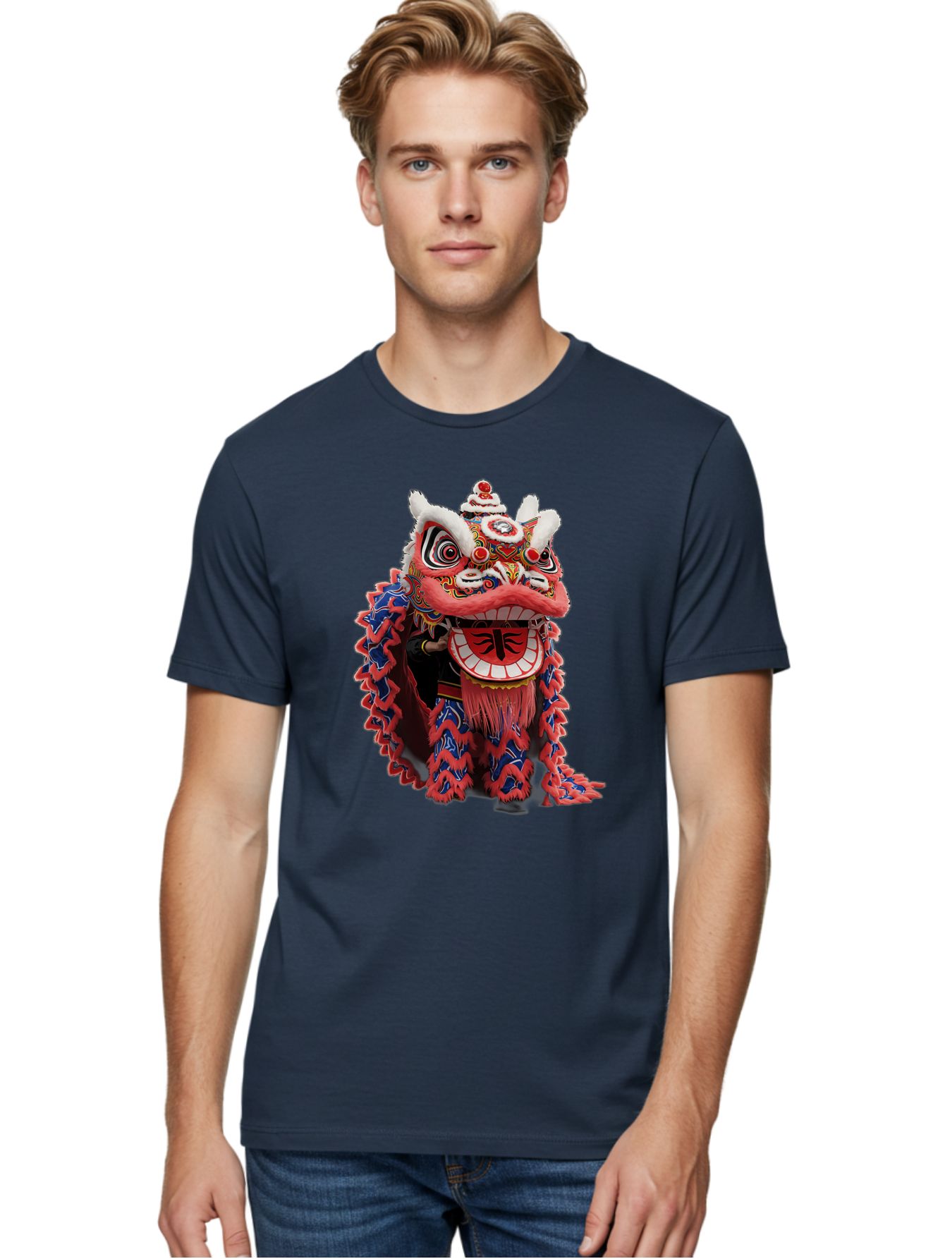 Chinese-Lion-Dance-Head Men'S Graphic Tee, 100% Cotton, Comfortable Casual Summer Wear, Machine Washable, Lion Dance Costume, Traditional Chinese Lion, Cultural Heritage, Festive Celebrations, Vibrant Colors, Intricate Designs, Baa295 30