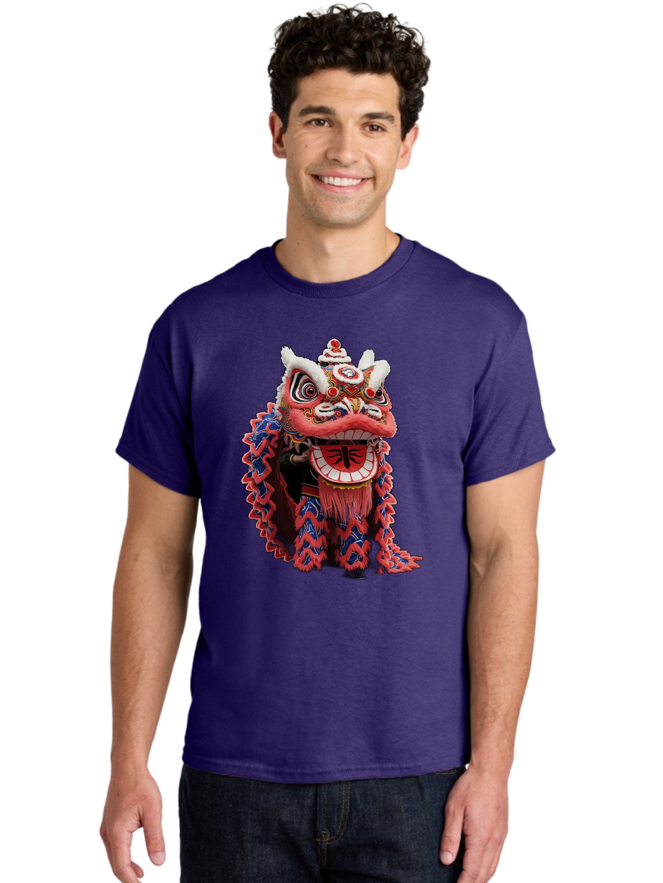Chinese-Lion-Dance-Head Men'S Graphic Tee, 100% Cotton, Comfortable Casual Summer Wear, Machine Washable, Lion Dance Costume, Traditional Chinese Lion, Cultural Heritage, Festive Celebrations, Vibrant Colors, Intricate Designs, Baa295 17