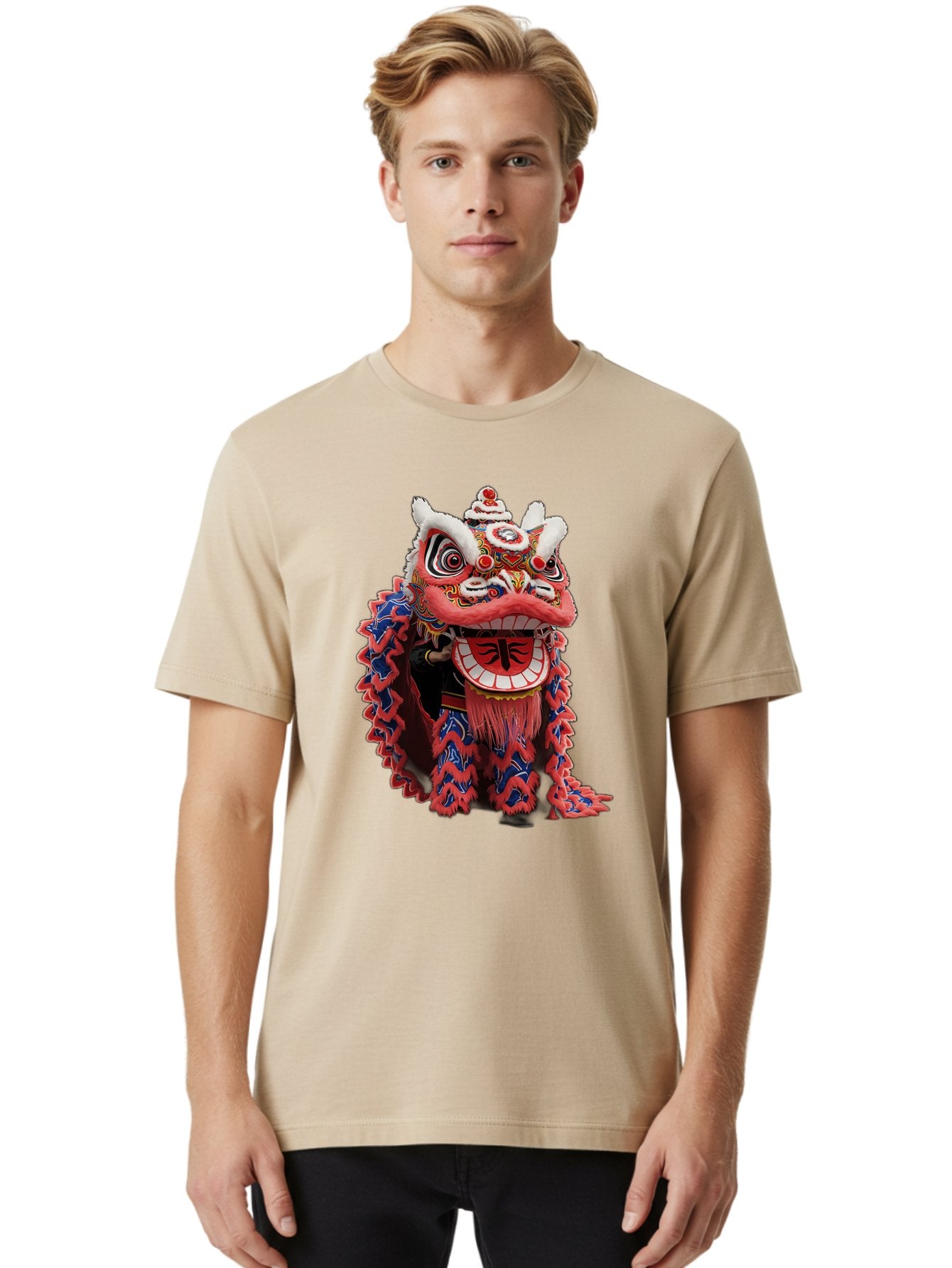 Chinese-Lion-Dance-Head Men'S Graphic Tee, 100% Cotton, Comfortable Casual Summer Wear, Machine Washable, Lion Dance Costume, Traditional Chinese Lion, Cultural Heritage, Festive Celebrations, Vibrant Colors, Intricate Designs, Baa295 30