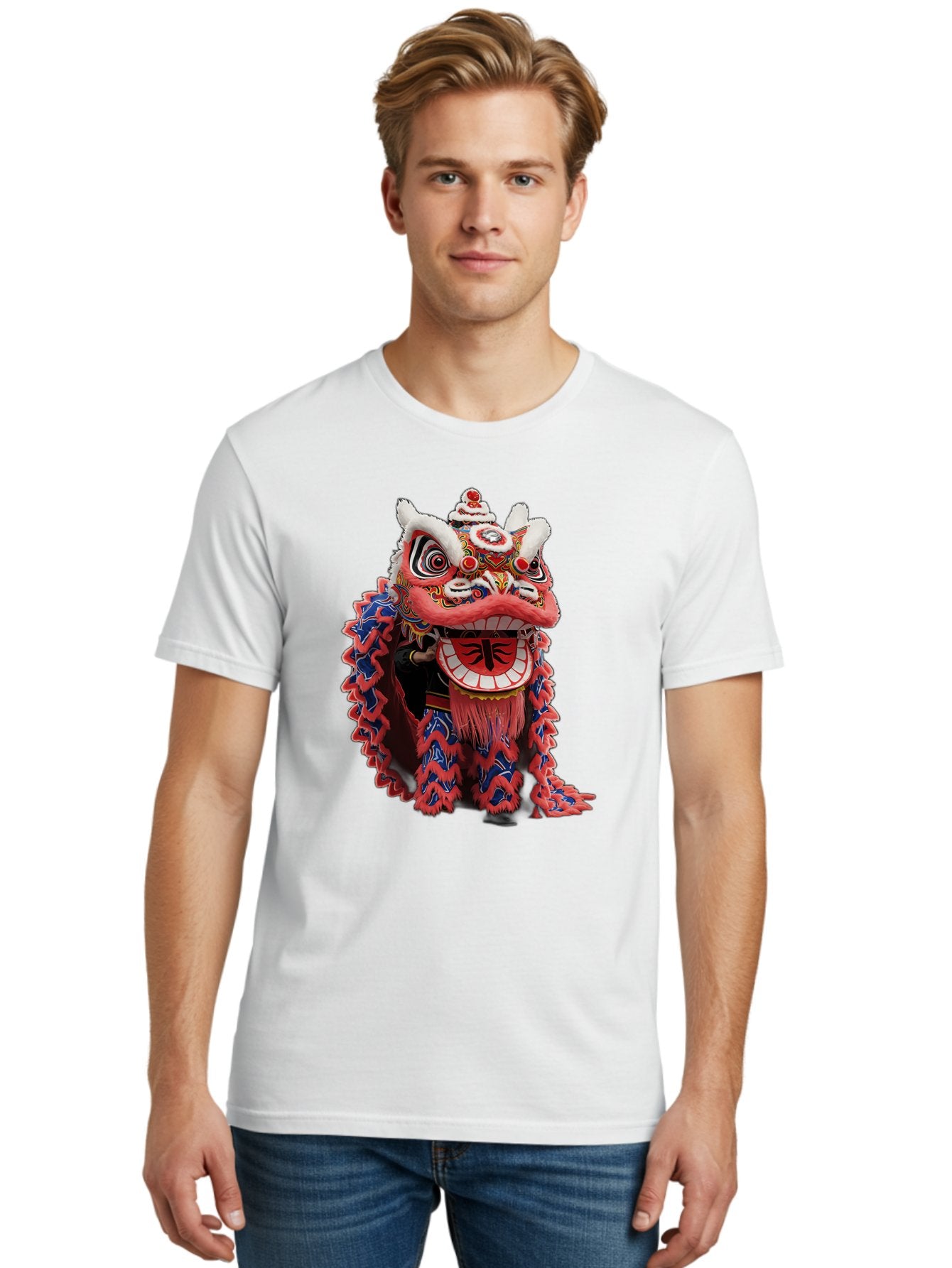 Chinese-Lion-Dance-Head Men'S Graphic Tee, 100% Cotton, Comfortable Casual Summer Wear, Machine Washable, Lion Dance Costume, Traditional Chinese Lion, Cultural Heritage, Festive Celebrations, Vibrant Colors, Intricate Designs, Baa295 26