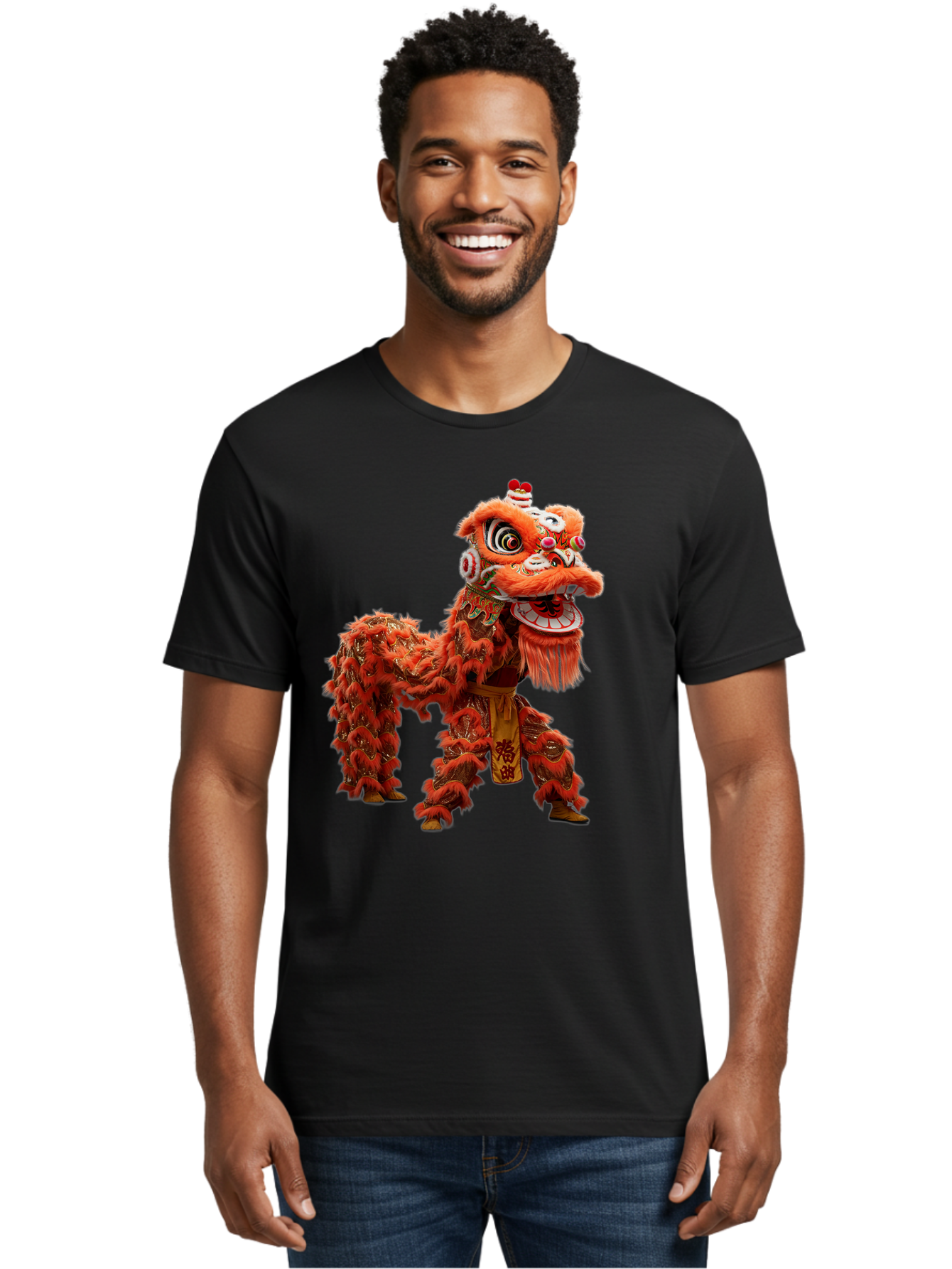 Chinese-Lion-Dance Men'S Graphic Tee, 100% Cotton, Comfortable Casual Summer Wear, Machine Washable, Lion Dance Costume, Traditional Chinese Dance, Cultural Heritage, Vibrant Orange, Festive Atmosphere, Intricate Designs, Mythical Creature, Baa296 8