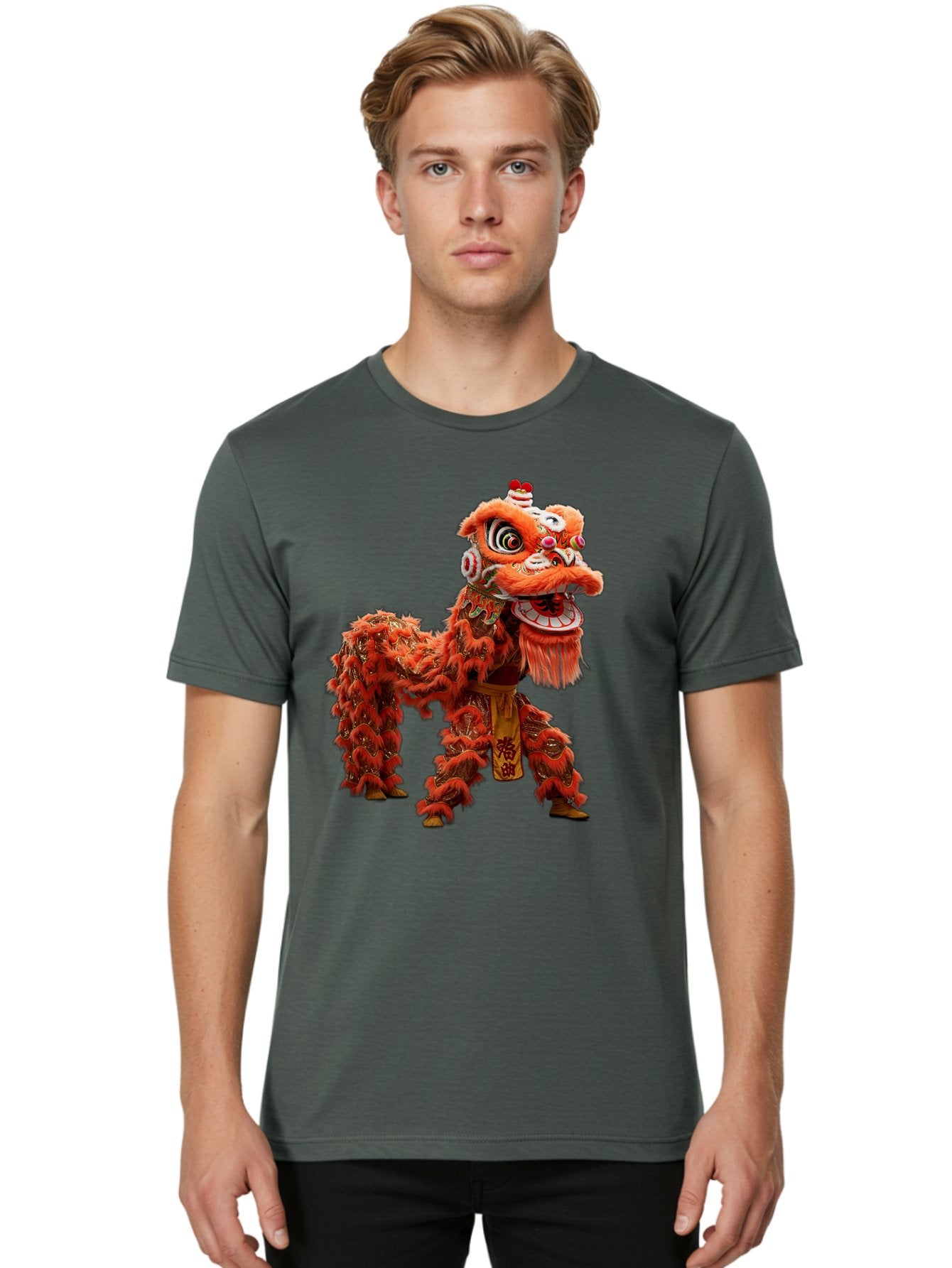 Chinese-Lion-Dance Men'S Graphic Tee, 100% Cotton, Comfortable Casual Summer Wear, Machine Washable, Lion Dance Costume, Traditional Chinese Dance, Cultural Heritage, Vibrant Orange, Festive Atmosphere, Intricate Designs, Mythical Creature, Baa296 21