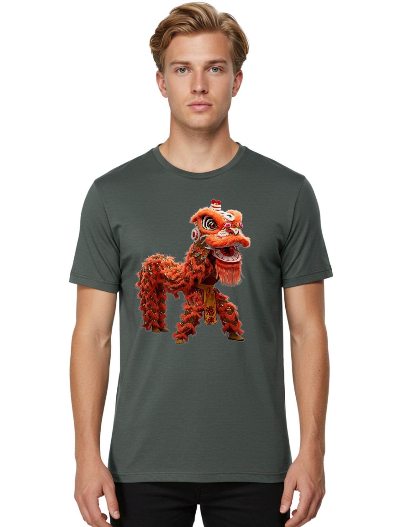 Chinese-Lion-Dance Men'S Graphic Tee, 100% Cotton, Comfortable Casual Summer Wear, Machine Washable, Lion Dance Costume, Traditional Chinese Dance, Cultural Heritage, Vibrant Orange, Festive Atmosphere, Intricate Designs, Mythical Creature, Baa296 20