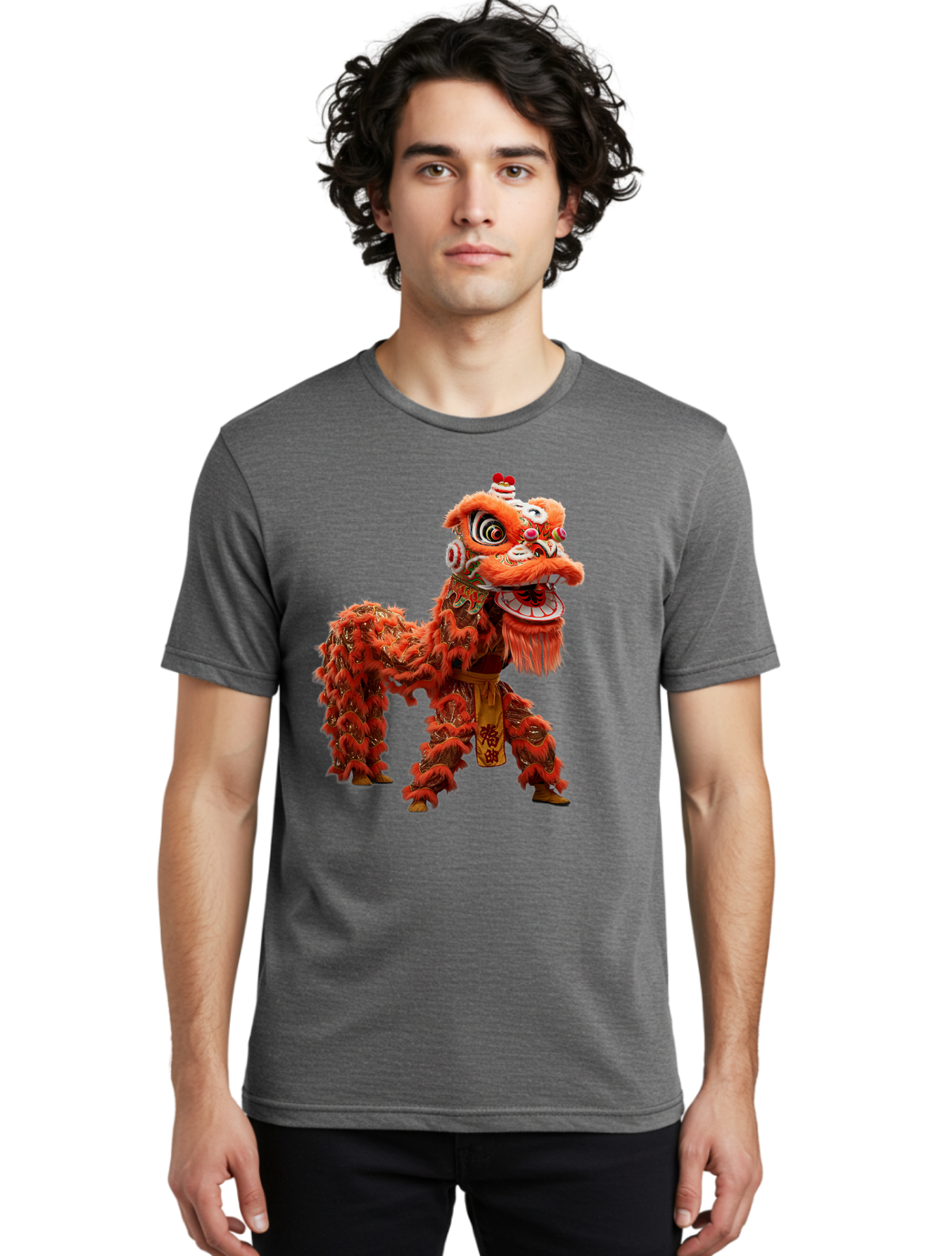 Chinese-Lion-Dance Men'S Graphic Tee, 100% Cotton, Comfortable Casual Summer Wear, Machine Washable, Lion Dance Costume, Traditional Chinese Dance, Cultural Heritage, Vibrant Orange, Festive Atmosphere, Intricate Designs, Mythical Creature, Baa296 18
