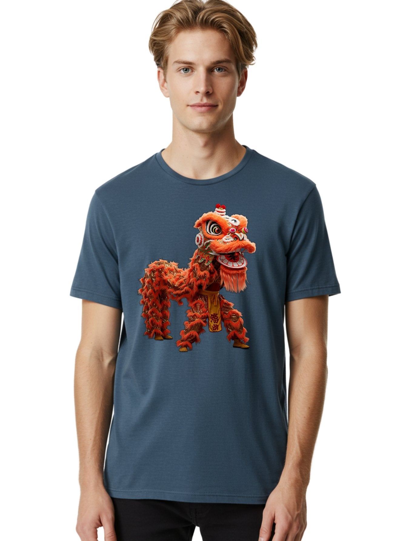 Chinese-Lion-Dance Men'S Graphic Tee, 100% Cotton, Comfortable Casual Summer Wear, Machine Washable, Lion Dance Costume, Traditional Chinese Dance, Cultural Heritage, Vibrant Orange, Festive Atmosphere, Intricate Designs, Mythical Creature, Baa296 28