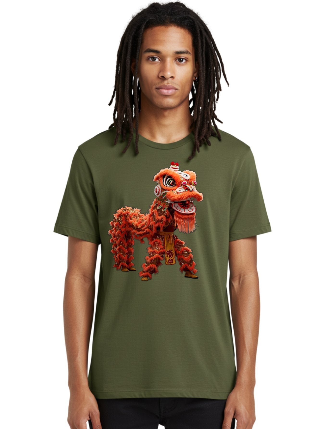 Chinese-Lion-Dance Men'S Graphic Tee, 100% Cotton, Comfortable Casual Summer Wear, Machine Washable, Lion Dance Costume, Traditional Chinese Dance, Cultural Heritage, Vibrant Orange, Festive Atmosphere, Intricate Designs, Mythical Creature, Baa296 20