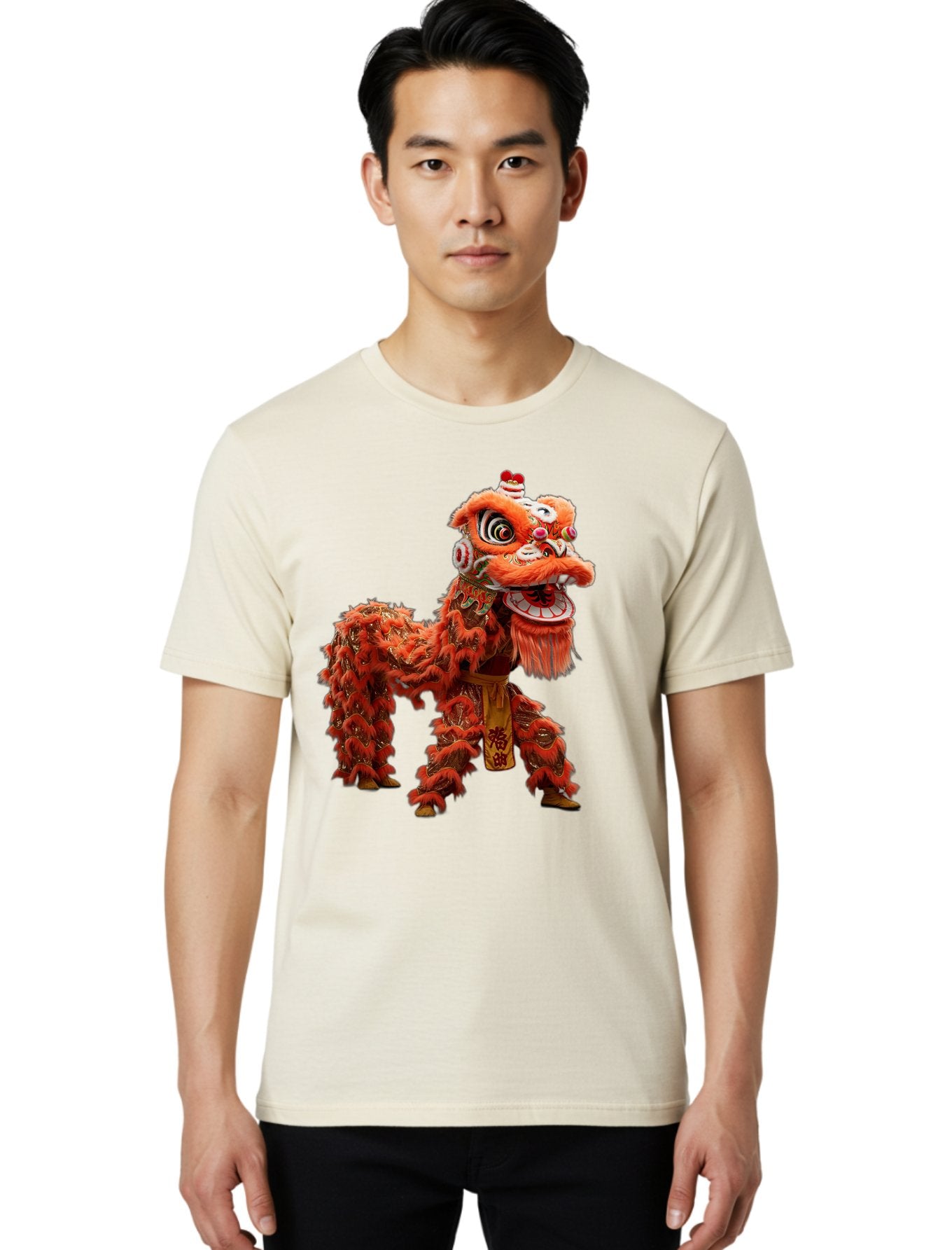 Chinese-Lion-Dance Men'S Graphic Tee, 100% Cotton, Comfortable Casual Summer Wear, Machine Washable, Lion Dance Costume, Traditional Chinese Dance, Cultural Heritage, Vibrant Orange, Festive Atmosphere, Intricate Designs, Mythical Creature, Baa296 29