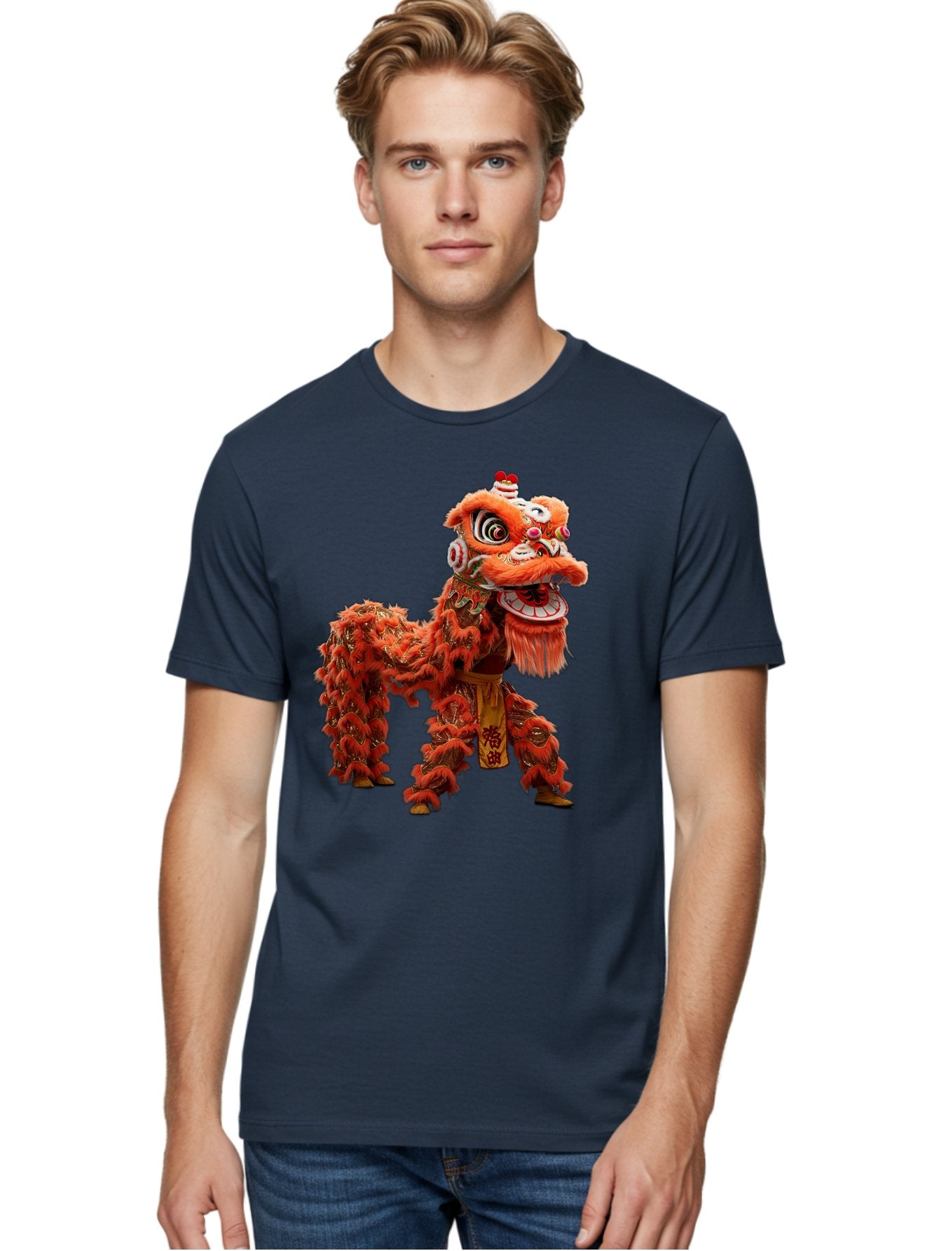 Chinese-Lion-Dance Men'S Graphic Tee, 100% Cotton, Comfortable Casual Summer Wear, Machine Washable, Lion Dance Costume, Traditional Chinese Dance, Cultural Heritage, Vibrant Orange, Festive Atmosphere, Intricate Designs, Mythical Creature, Baa296 16