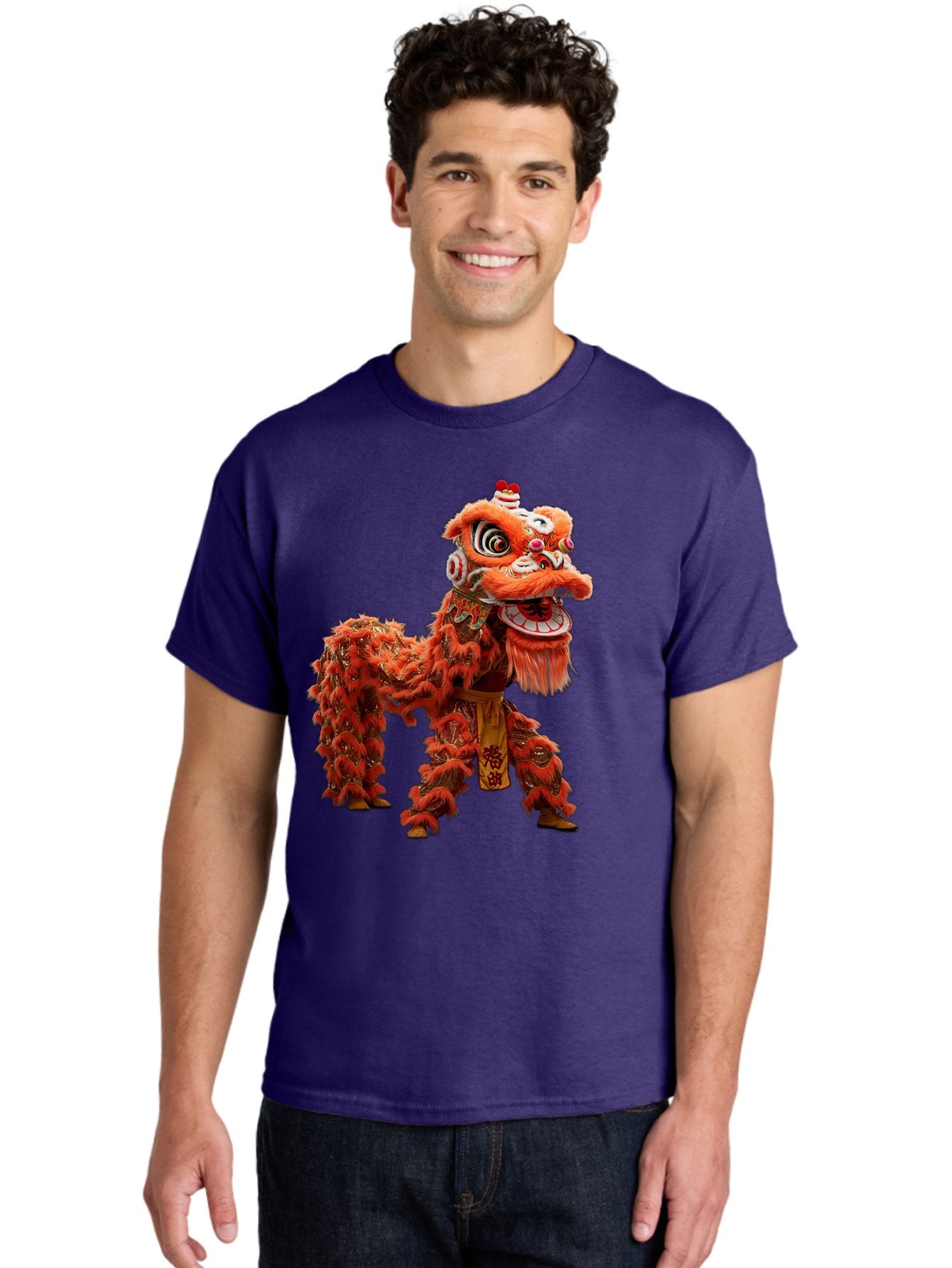 Chinese-Lion-Dance Men'S Graphic Tee, 100% Cotton, Comfortable Casual Summer Wear, Machine Washable, Lion Dance Costume, Traditional Chinese Dance, Cultural Heritage, Vibrant Orange, Festive Atmosphere, Intricate Designs, Mythical Creature, Baa296 26
