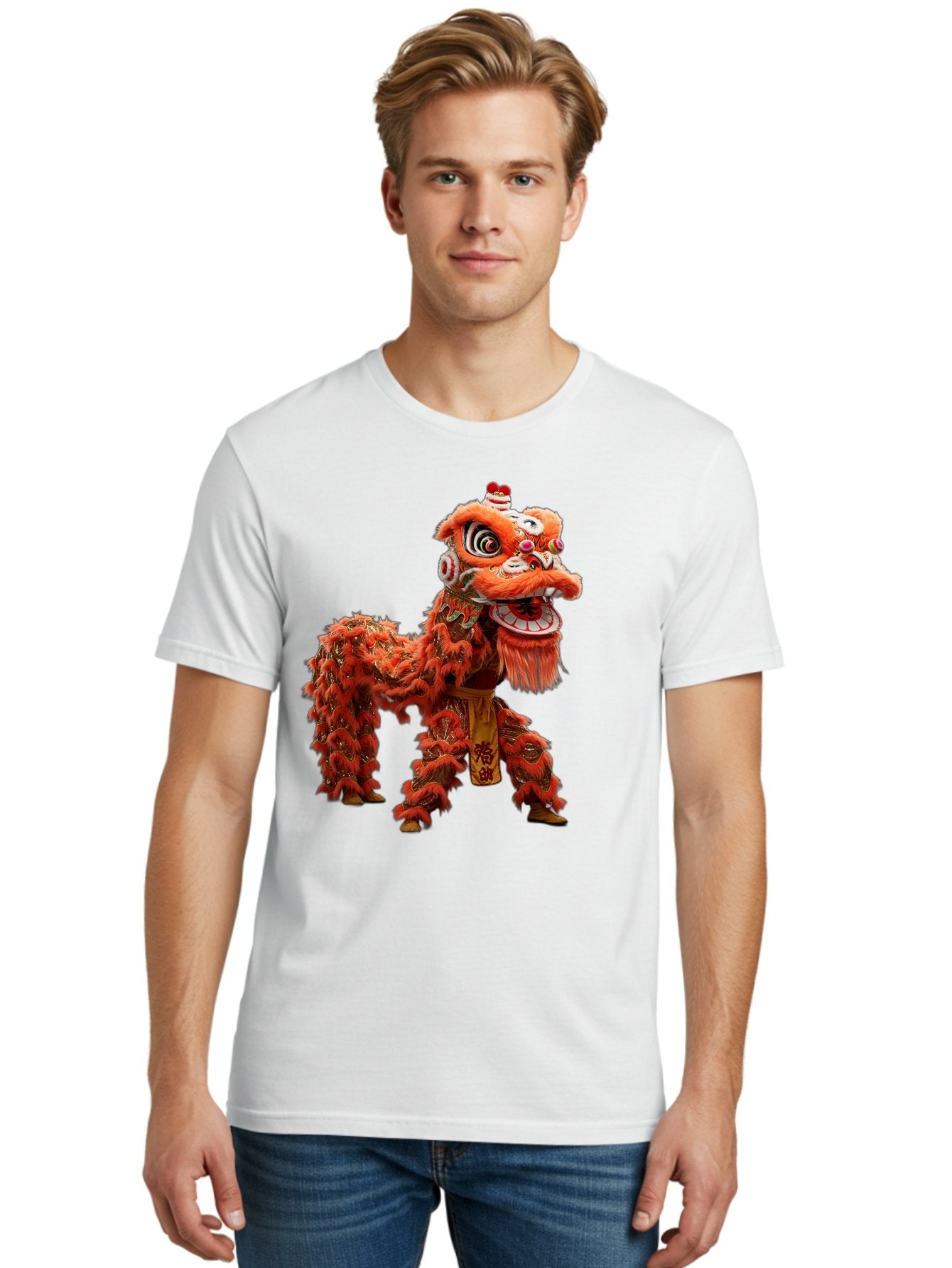 Chinese-Lion-Dance Men'S Graphic Tee, 100% Cotton, Comfortable Casual Summer Wear, Machine Washable, Lion Dance Costume, Traditional Chinese Dance, Cultural Heritage, Vibrant Orange, Festive Atmosphere, Intricate Designs, Mythical Creature, Baa296 23