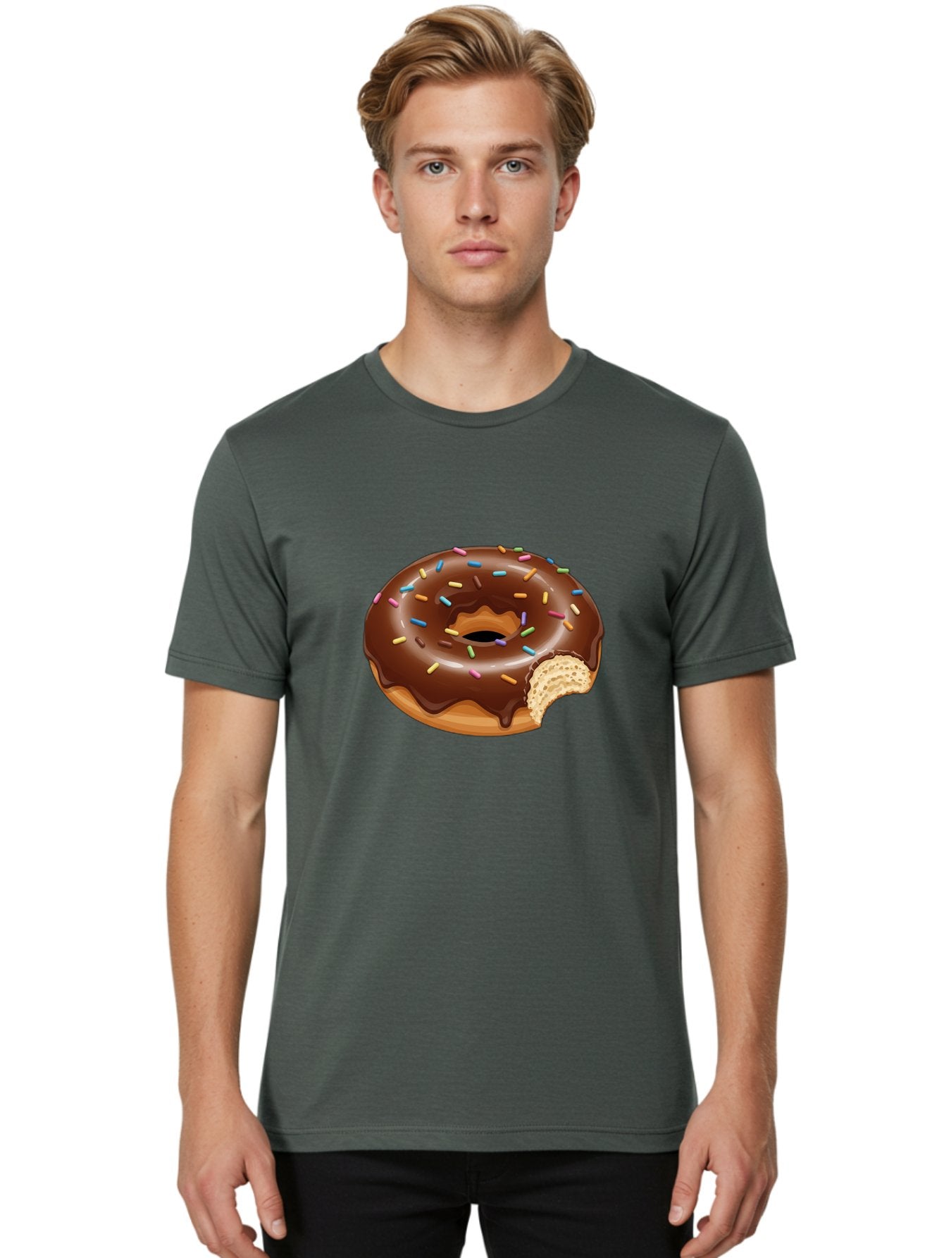 Chocolate-Donut-1 Men'S Graphic Tee, 100% Cotton, Comfortable Casual Summer Wear, Machine Washable, Chocolate Donut, Donut With Sprinkles, Bitten Donut, Sweet Treat, Dessert, Baked Goods, Colorful Sprinkles, Tasty Pastry, Delicious Donut Baa300 30