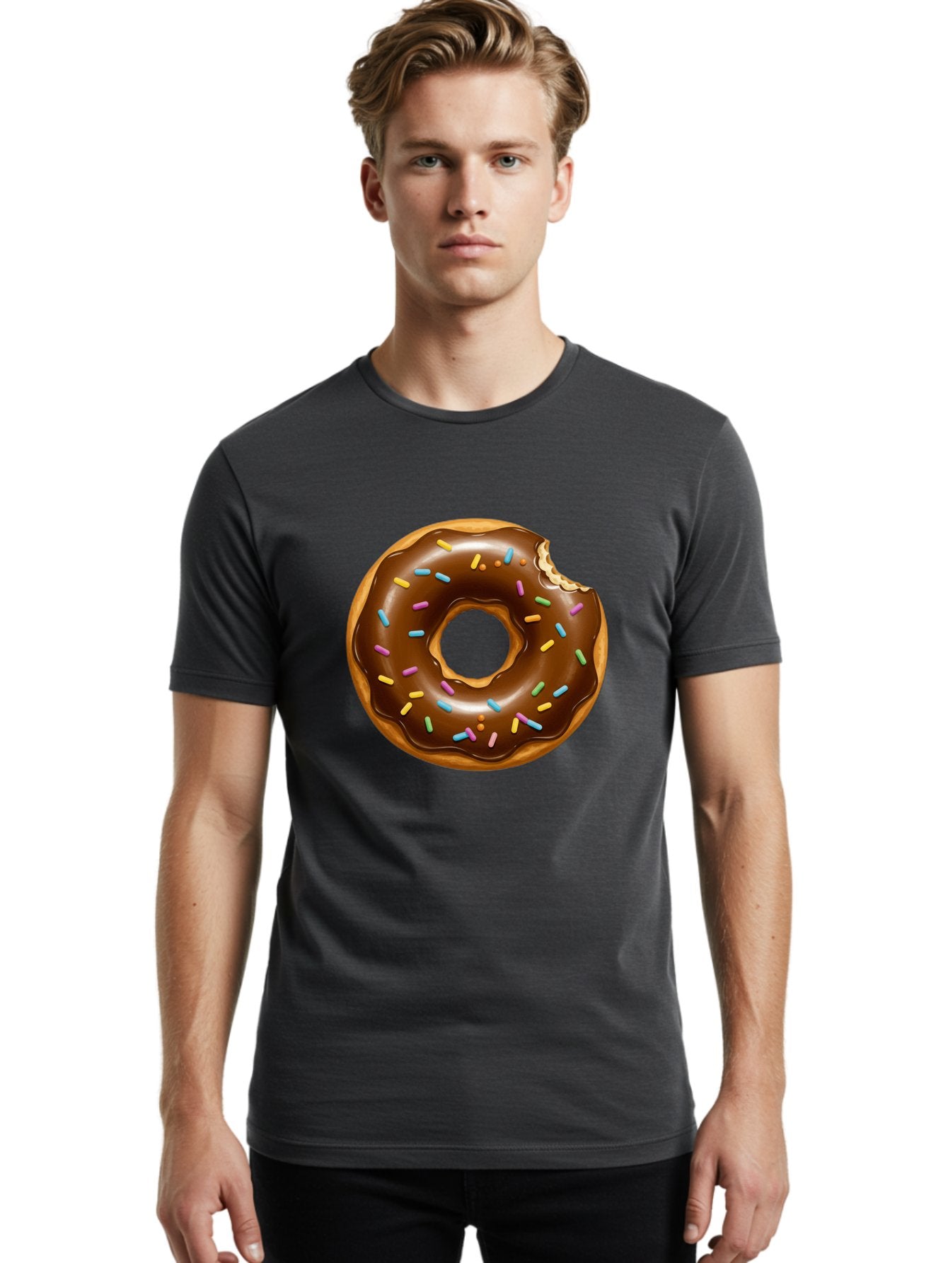 Chocolate-Donut-Sprinkles Men'S Graphic Tee, 100% Cotton, Comfortable Casual Summer Wear, Machine Washable, Chocolate Donut, Donut With Sprinkles, Bitten Donut, Sweet Treats, Baked Goods, Chocolate Glaze, Colorful Sprinkles, Tempting Dessert, Baa307 19