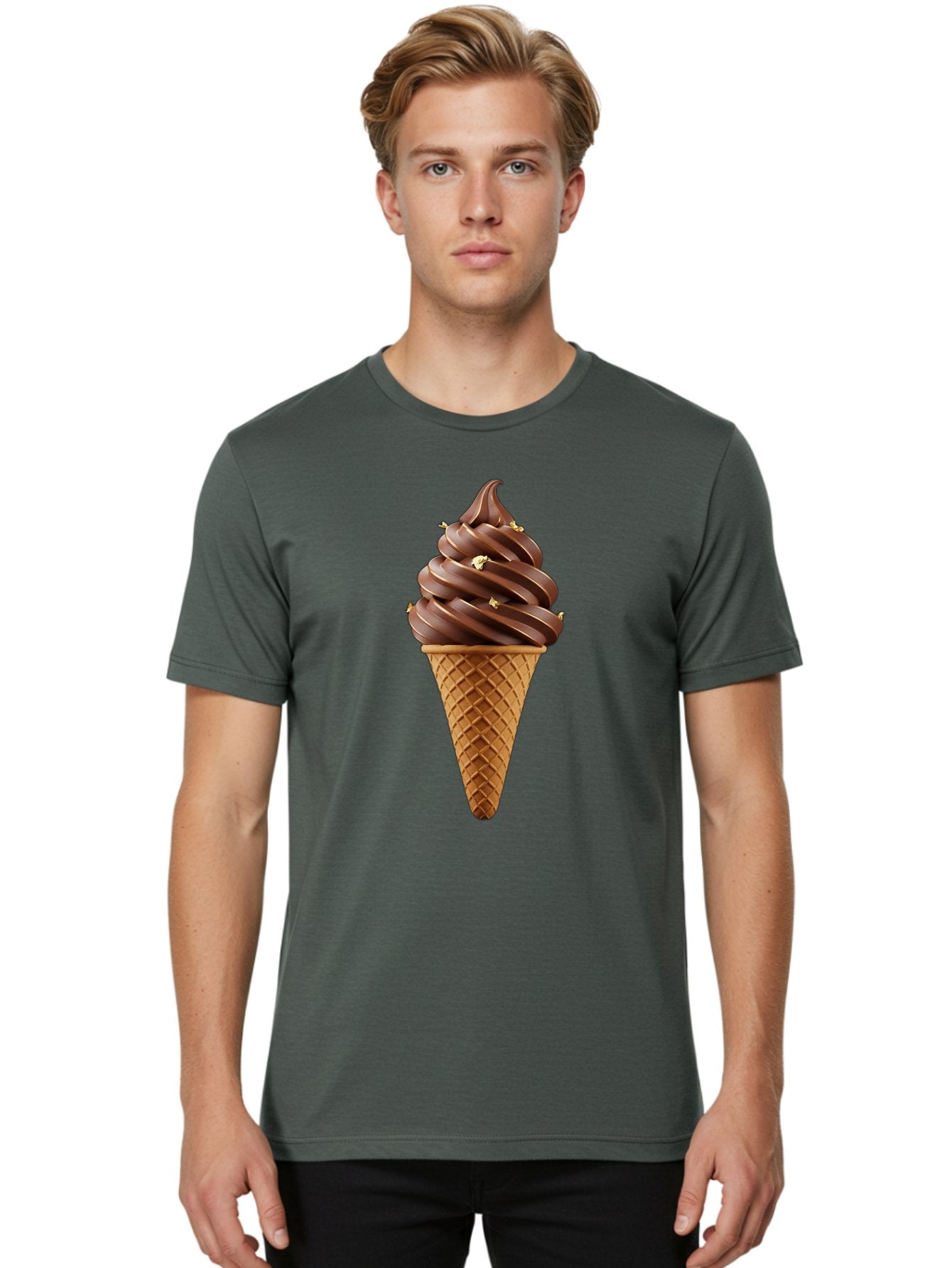 Chocolate-Ice-Cream-Cone Men'S Graphic Tee, 100% Cotton, Comfortable Casual Summer Wear, Machine Washable, Chocolate Ice Cream Cone, Chocolate Soft Serve, Edible Gold Decorations, Dessert Treats, Chocolatey Delights, Ice Cream Novelty, Baa310 24