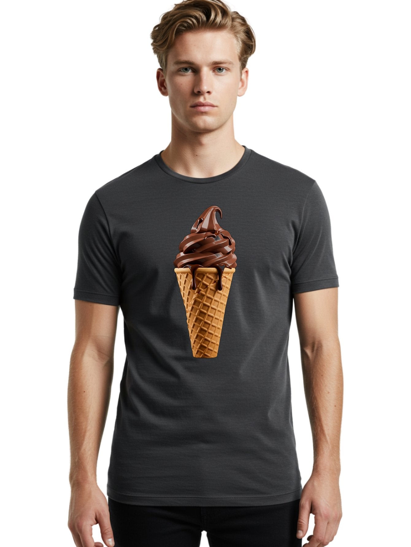 Chocolate-Ice-Cream Men'S Graphic Tee, 100% Cotton, Comfortable Casual Summer Wear, Machine Washable, Chocolate Soft Serve, Ice Cream Cone, Waffle Cone, Melted Chocolate, Sweet Treats, Dessert Ideas, Chocolate Ice Cream, Ice Cream Lovers, Baa311 17