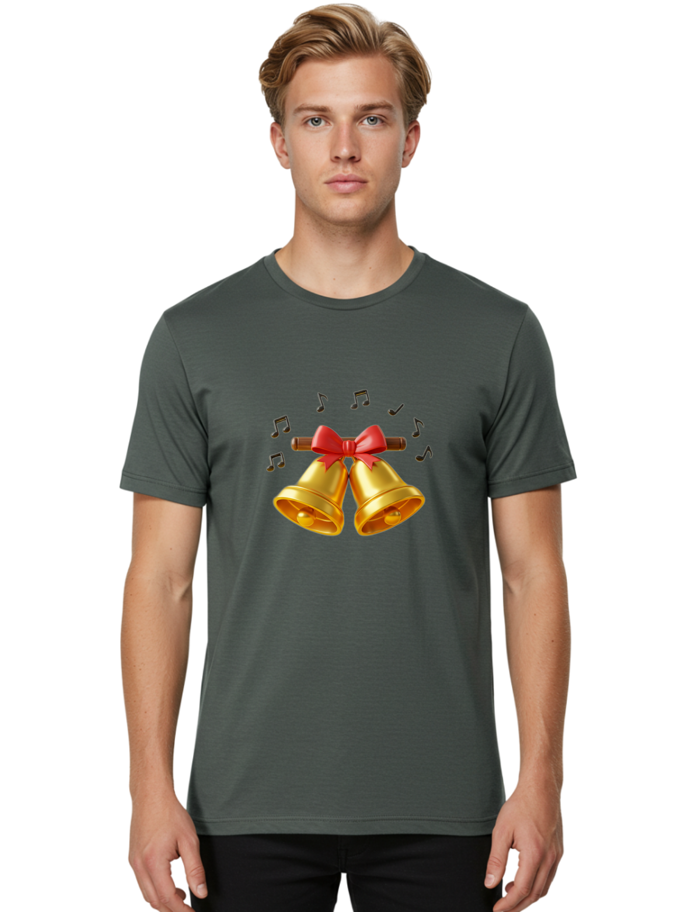 Christmas-Bells-1 Men'S Graphic Tee, 100% Cotton, Comfortable Casual Summer Wear, Machine Washable, Golden Christmas Bells, Red Bow, Festive Decor, Holiday Season, Jingling Sound, Musical Notes, Celebration, Joyful Atmosphere, Merry Christmas, Baa313 8