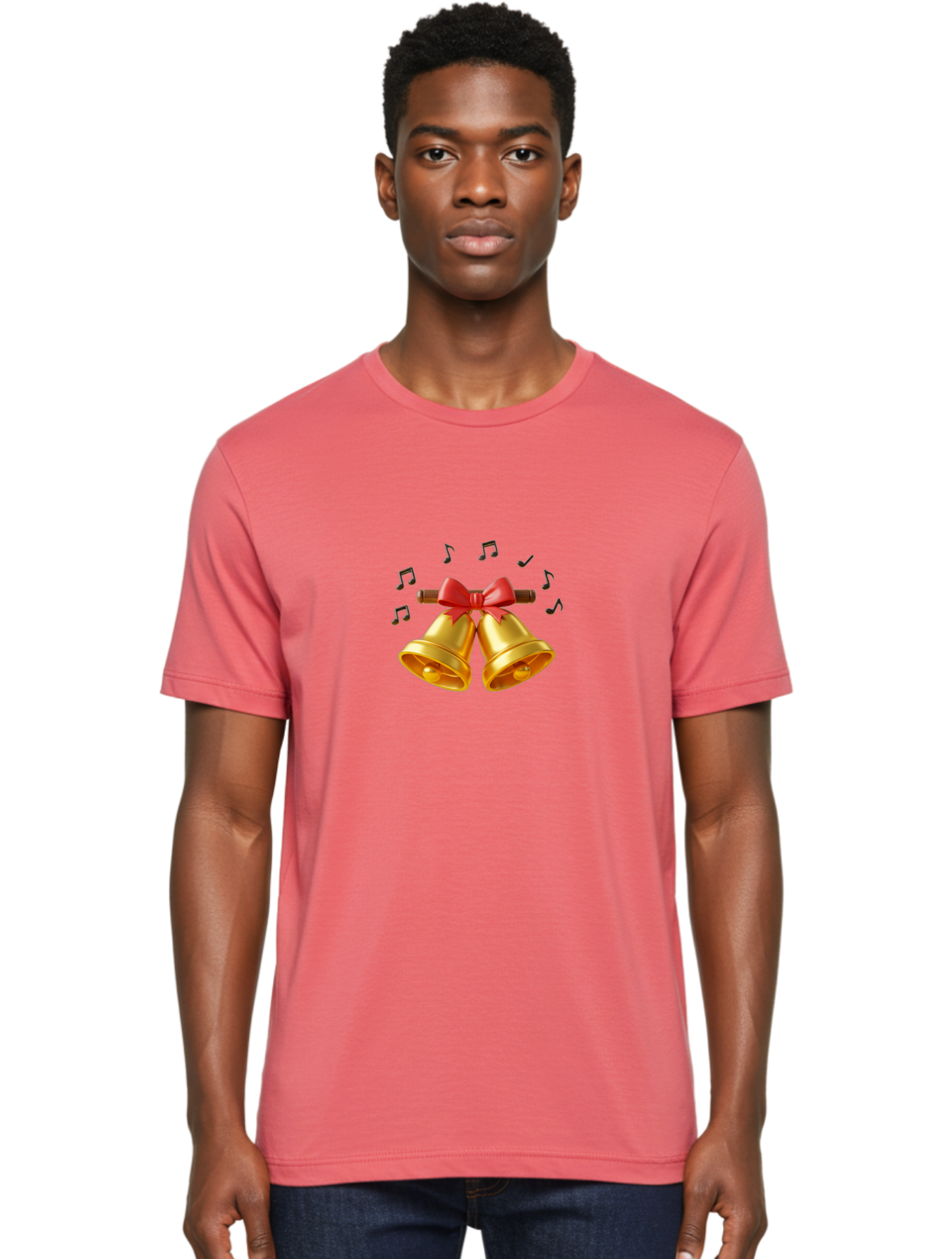 Christmas-Bells-1 Men'S Graphic Tee, 100% Cotton, Comfortable Casual Summer Wear, Machine Washable, Golden Christmas Bells, Red Bow, Festive Decor, Holiday Season, Jingling Sound, Musical Notes, Celebration, Joyful Atmosphere, Merry Christmas, Baa313