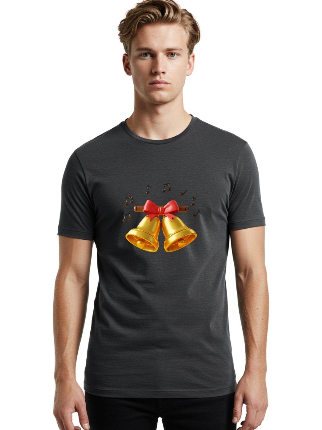 Christmas-Bells-1 Men'S Graphic Tee, 100% Cotton, Comfortable Casual Summer Wear, Machine Washable, Golden Christmas Bells, Red Bow, Festive Decor, Holiday Season, Jingling Sound, Musical Notes, Celebration, Joyful Atmosphere, Merry Christmas, Baa313 26