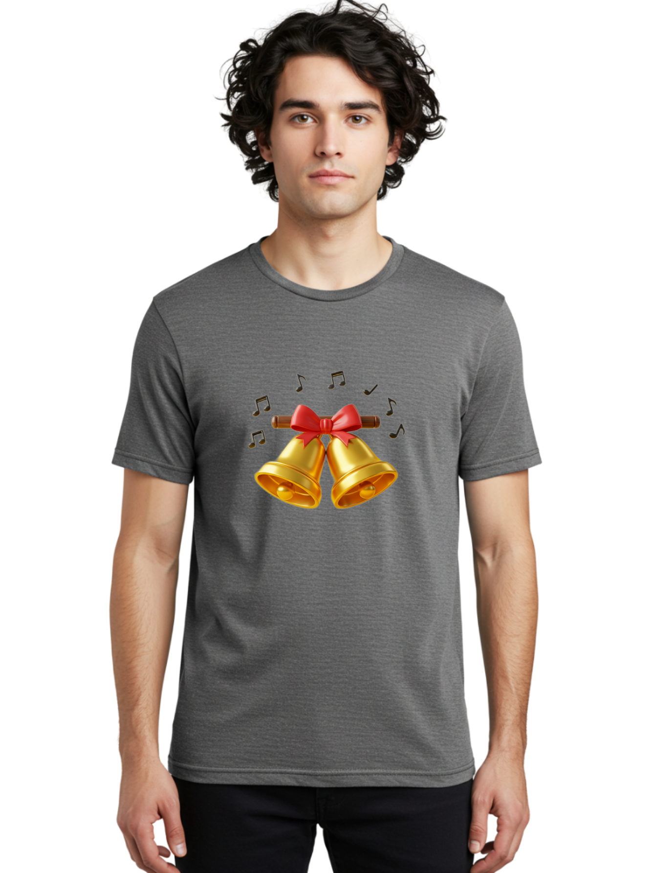 Christmas-Bells-1 Men'S Graphic Tee, 100% Cotton, Comfortable Casual Summer Wear, Machine Washable, Golden Christmas Bells, Red Bow, Festive Decor, Holiday Season, Jingling Sound, Musical Notes, Celebration, Joyful Atmosphere, Merry Christmas, Baa313 4