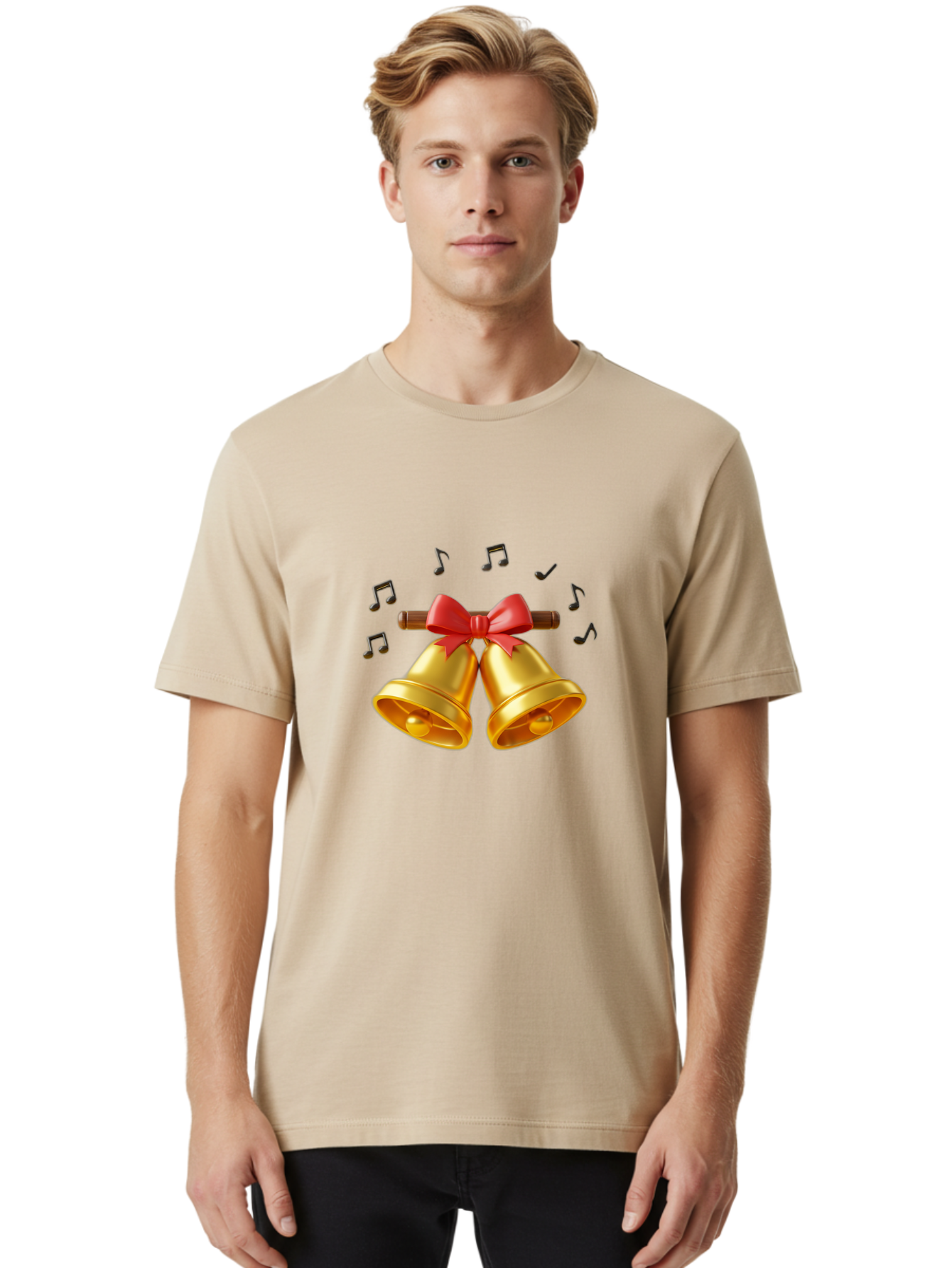 Christmas-Bells-1 Men'S Graphic Tee, 100% Cotton, Comfortable Casual Summer Wear, Machine Washable, Golden Christmas Bells, Red Bow, Festive Decor, Holiday Season, Jingling Sound, Musical Notes, Celebration, Joyful Atmosphere, Merry Christmas, Baa313 24