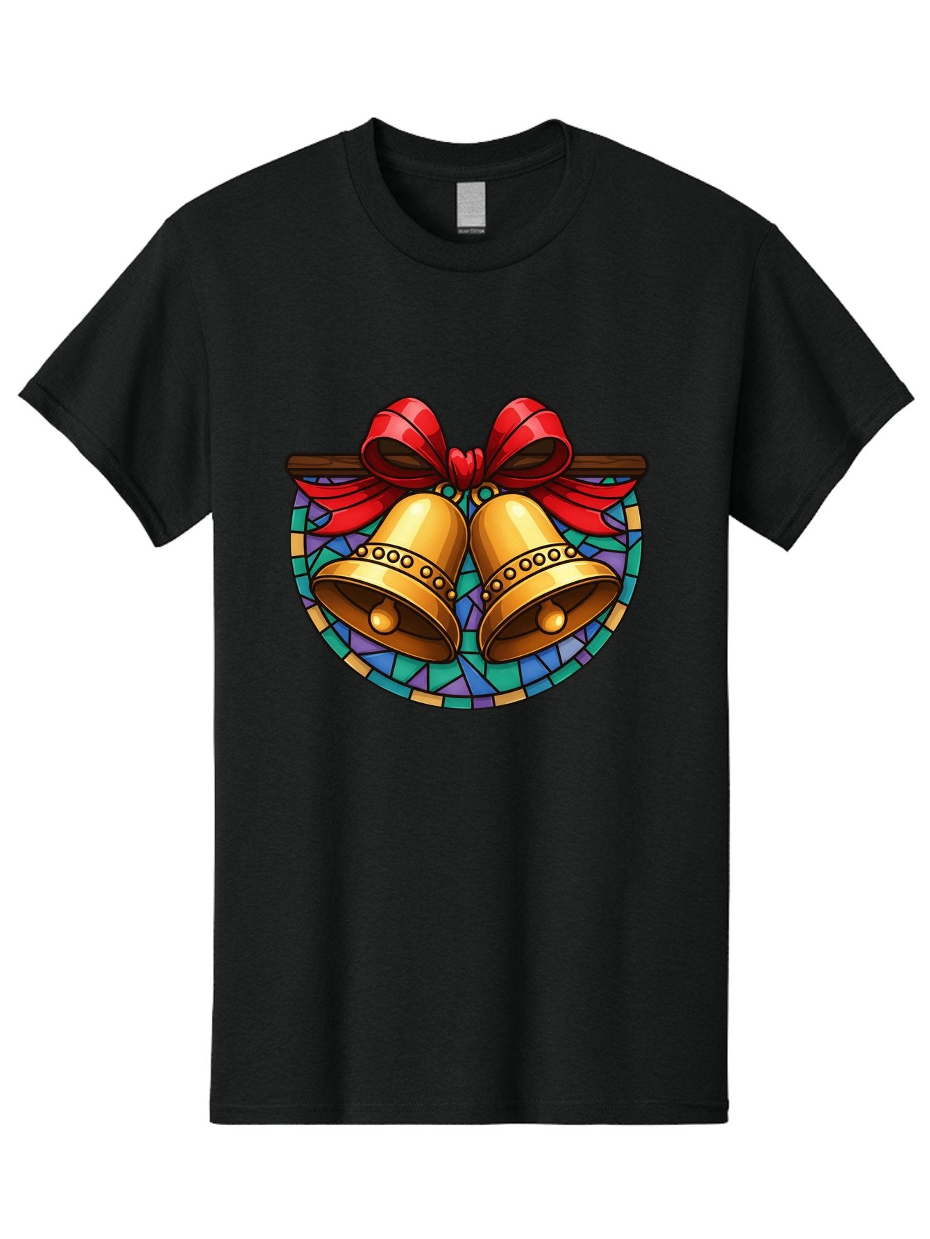 Christmas-Bells-Stained-Glass Men'S Graphic Tee, 100% Cotton, Comfortable Casual Summer Wear, Machine Washable, Golden Christmas Bells, Stained Glass, Red Ribbon, Festive Decorations, Holiday Cheer, Christmas Celebration, Vintage Style, Baa315 3