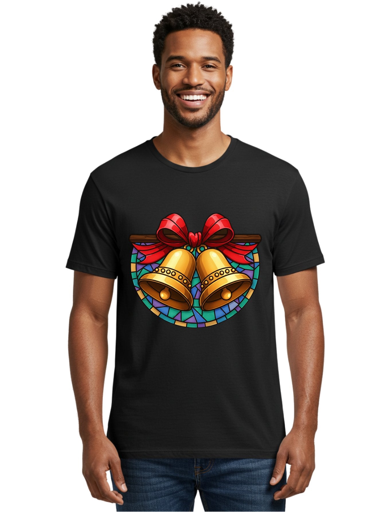Christmas-Bells-Stained-Glass Men'S Graphic Tee, 100% Cotton, Comfortable Casual Summer Wear, Machine Washable, Golden Christmas Bells, Stained Glass, Red Ribbon, Festive Decorations, Holiday Cheer, Christmas Celebration, Vintage Style, Baa315 22