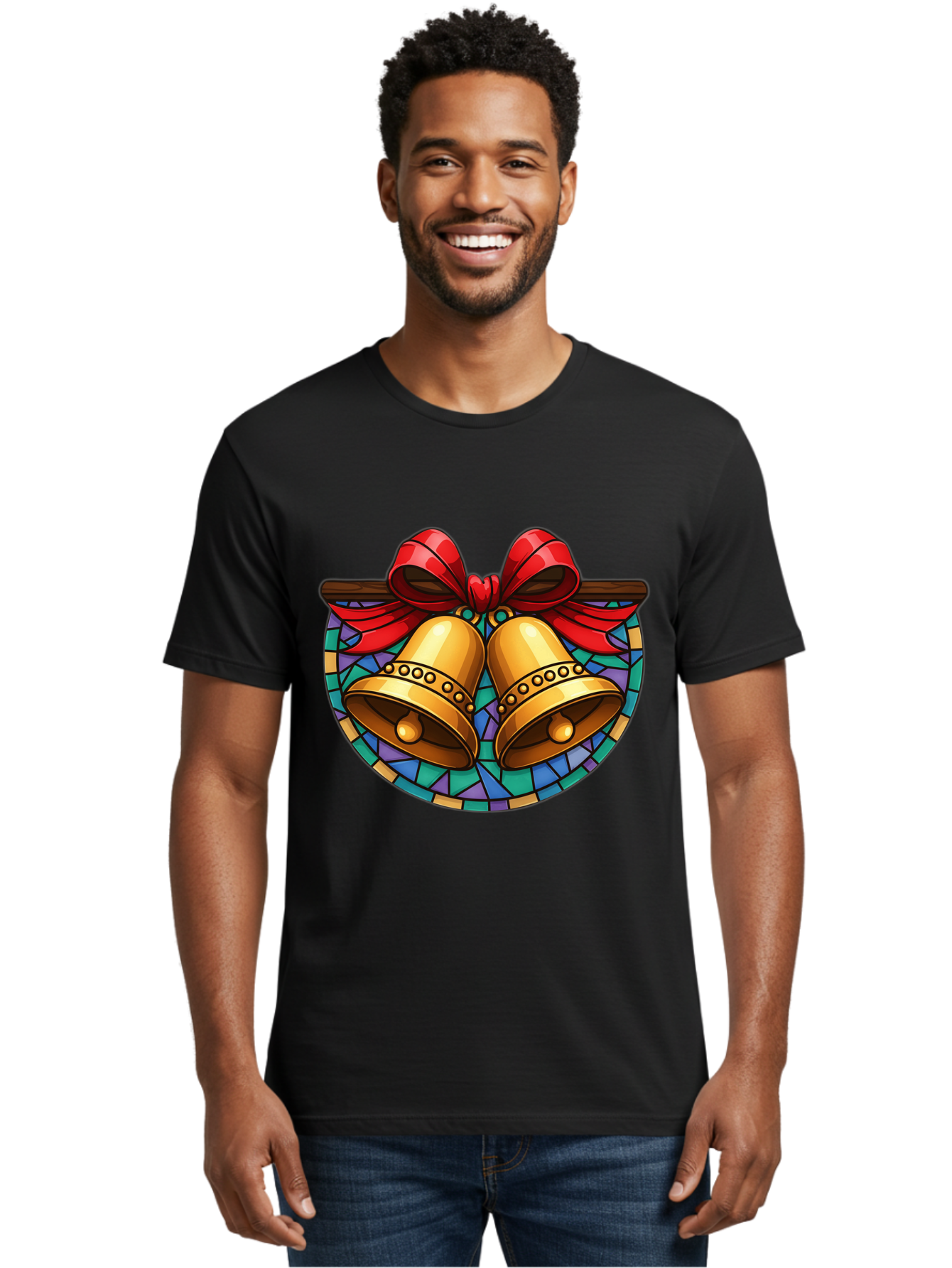 Christmas-Bells-Stained-Glass Men'S Graphic Tee, 100% Cotton, Comfortable Casual Summer Wear, Machine Washable, Golden Christmas Bells, Stained Glass, Red Ribbon, Festive Decorations, Holiday Cheer, Christmas Celebration, Vintage Style, Baa315 18