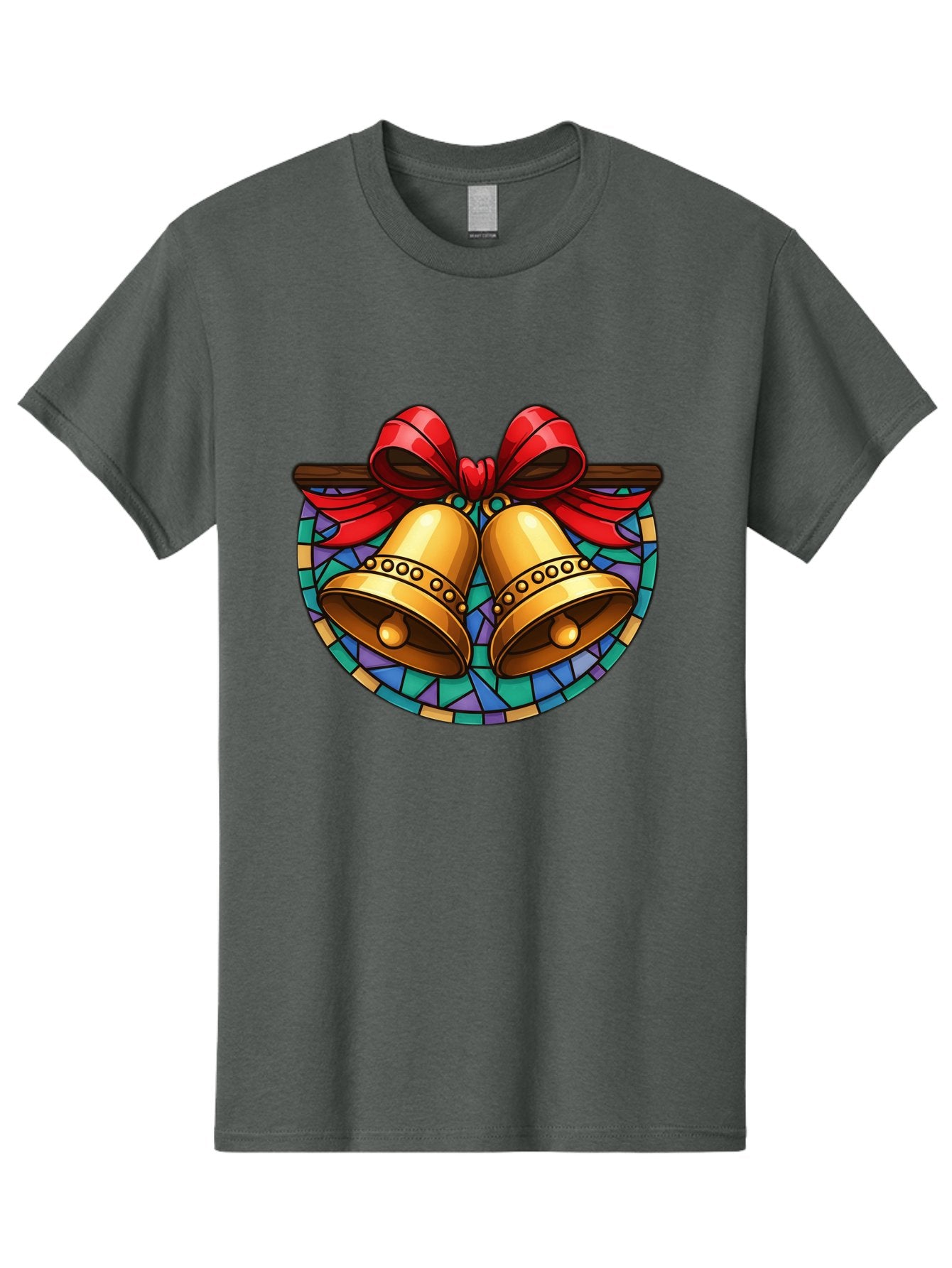 Christmas-Bells-Stained-Glass Men'S Graphic Tee, 100% Cotton, Comfortable Casual Summer Wear, Machine Washable, Golden Christmas Bells, Stained Glass, Red Ribbon, Festive Decorations, Holiday Cheer, Christmas Celebration, Vintage Style, Baa315 4