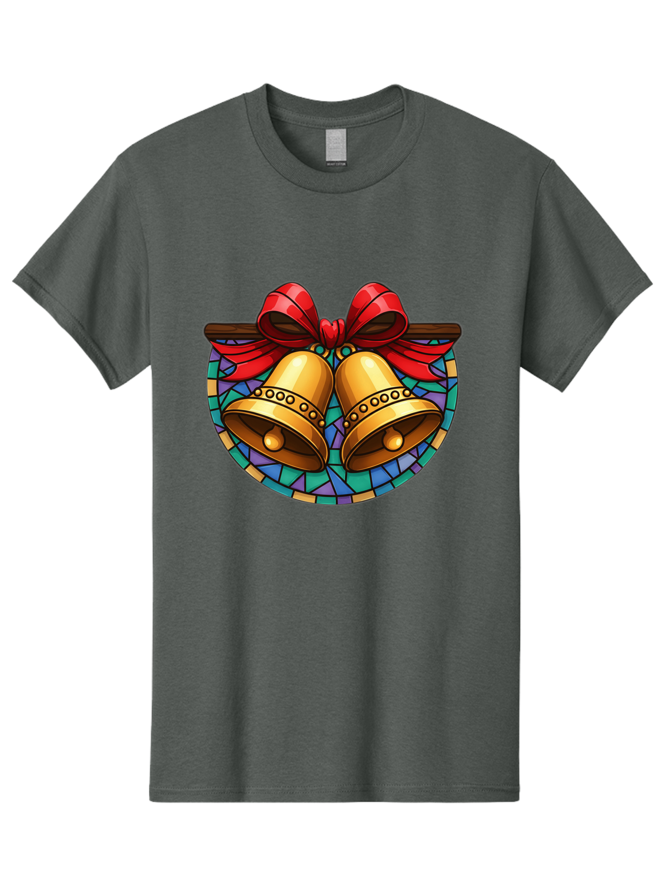 Christmas-Bells-Stained-Glass Men'S Graphic Tee, 100% Cotton, Comfortable Casual Summer Wear, Machine Washable, Golden Christmas Bells, Stained Glass, Red Ribbon, Festive Decorations, Holiday Cheer, Christmas Celebration, Vintage Style, Baa315 23