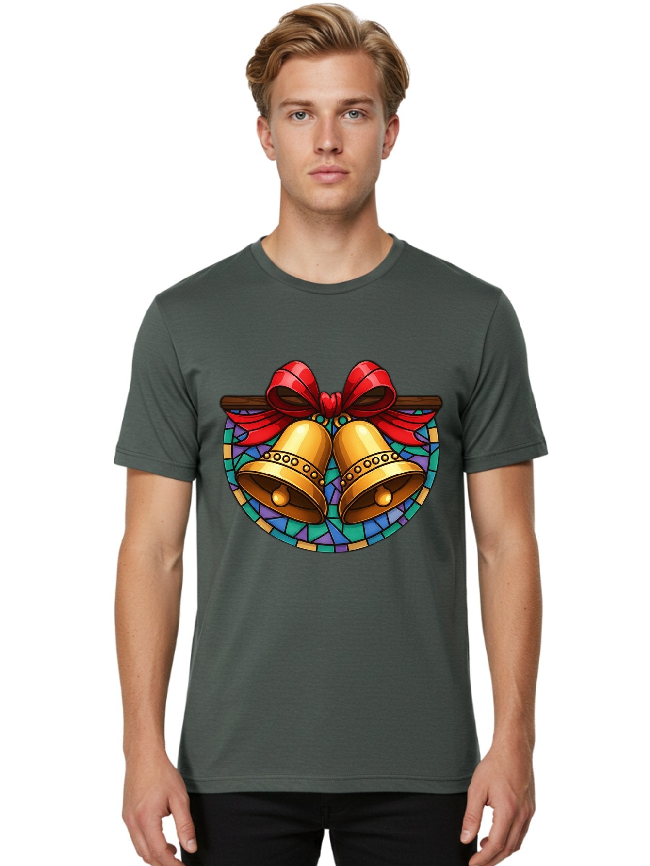 Christmas-Bells-Stained-Glass Men'S Graphic Tee, 100% Cotton, Comfortable Casual Summer Wear, Machine Washable, Golden Christmas Bells, Stained Glass, Red Ribbon, Festive Decorations, Holiday Cheer, Christmas Celebration, Vintage Style, Baa315 18