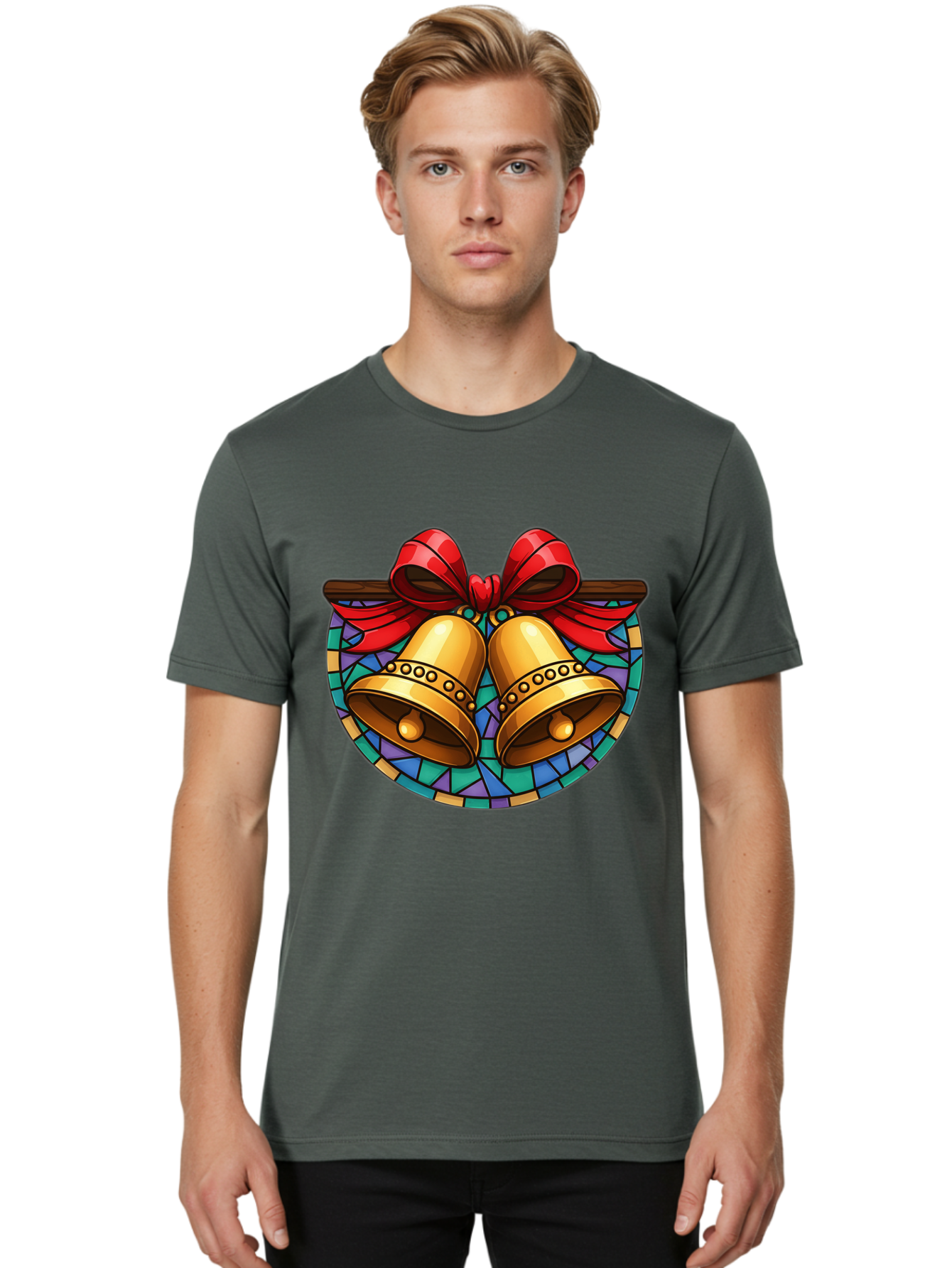 Christmas-Bells-Stained-Glass Men'S Graphic Tee, 100% Cotton, Comfortable Casual Summer Wear, Machine Washable, Golden Christmas Bells, Stained Glass, Red Ribbon, Festive Decorations, Holiday Cheer, Christmas Celebration, Vintage Style, Baa315 24