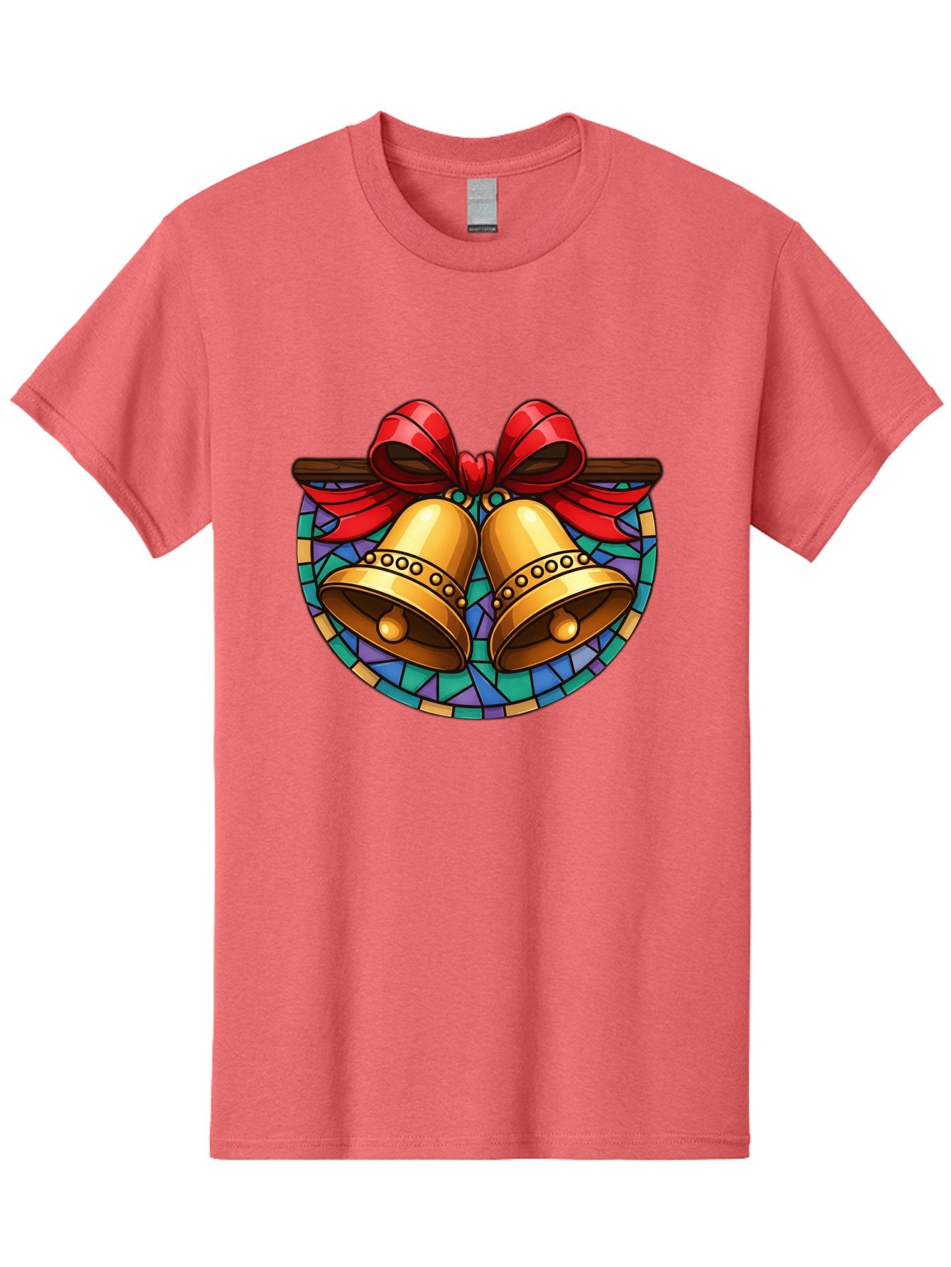 Christmas-Bells-Stained-Glass Men'S Graphic Tee, 100% Cotton, Comfortable Casual Summer Wear, Machine Washable, Golden Christmas Bells, Stained Glass, Red Ribbon, Festive Decorations, Holiday Cheer, Christmas Celebration, Vintage Style, Baa315 10