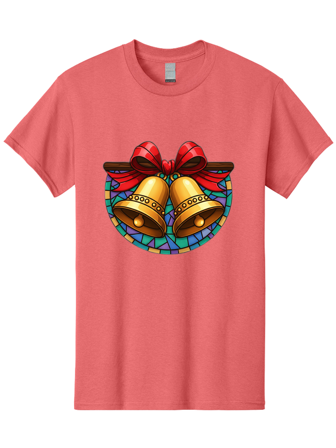 Christmas-Bells-Stained-Glass Men'S Graphic Tee, 100% Cotton, Comfortable Casual Summer Wear, Machine Washable, Golden Christmas Bells, Stained Glass, Red Ribbon, Festive Decorations, Holiday Cheer, Christmas Celebration, Vintage Style, Baa315 27