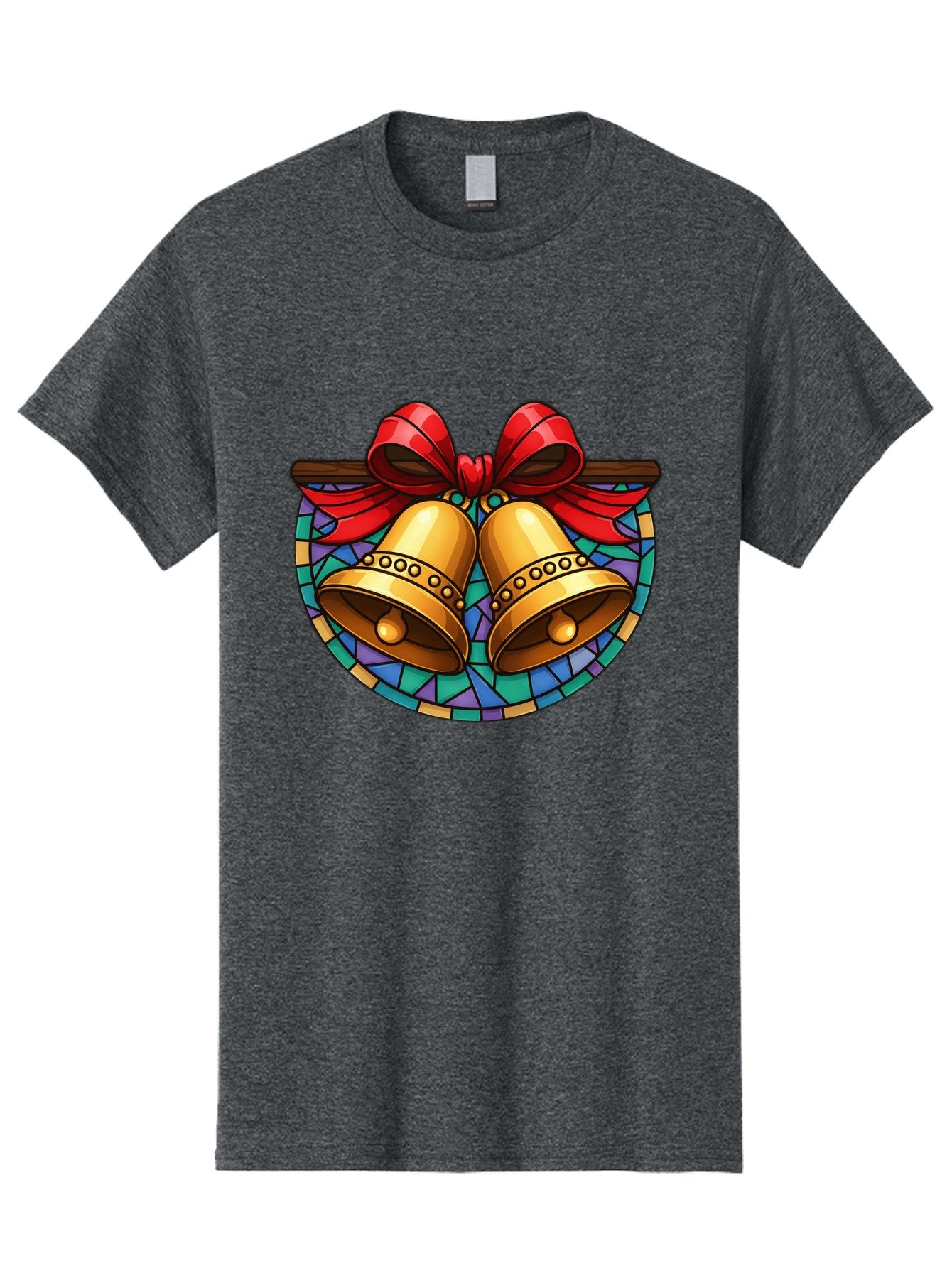 Christmas-Bells-Stained-Glass Men'S Graphic Tee, 100% Cotton, Comfortable Casual Summer Wear, Machine Washable, Golden Christmas Bells, Stained Glass, Red Ribbon, Festive Decorations, Holiday Cheer, Christmas Celebration, Vintage Style, Baa315 15