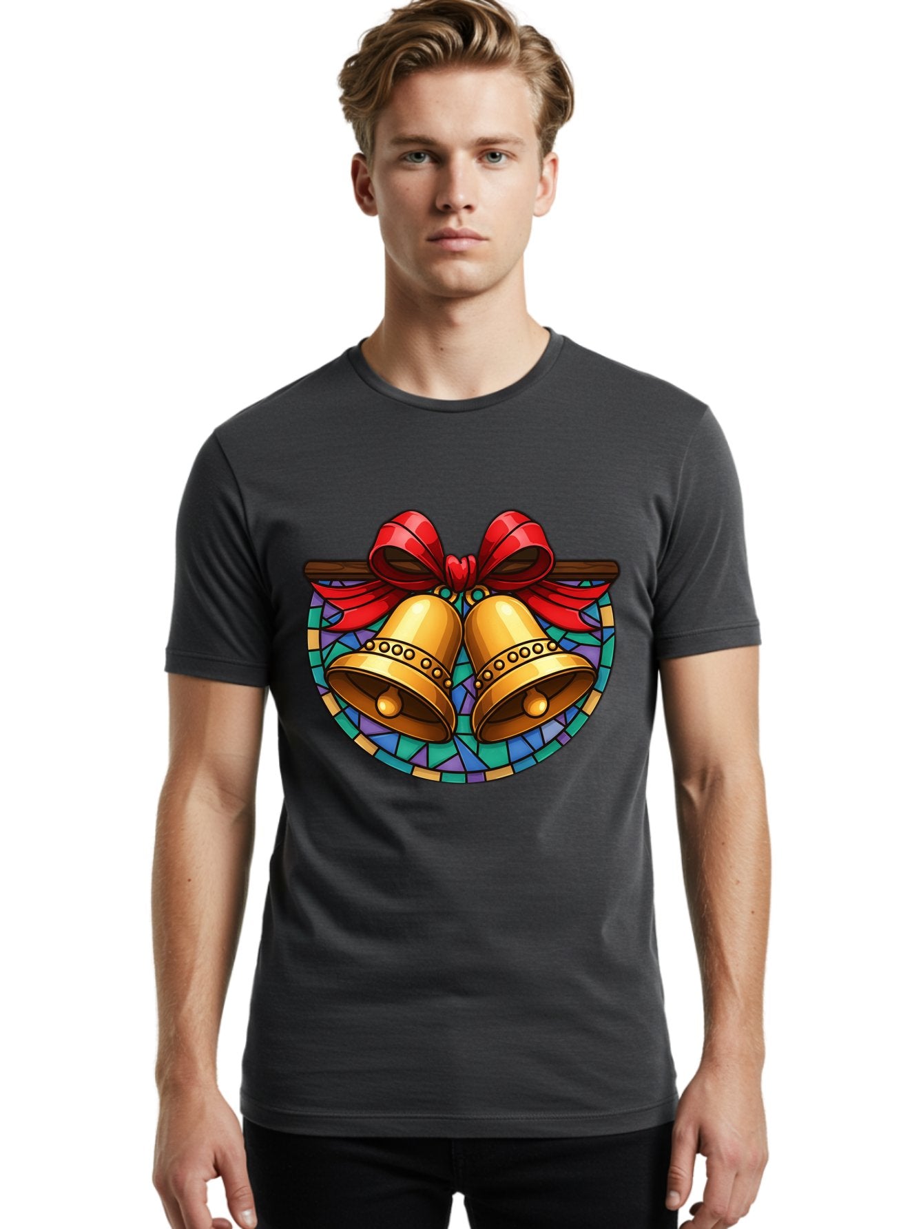 Christmas-Bells-Stained-Glass Men'S Graphic Tee, 100% Cotton, Comfortable Casual Summer Wear, Machine Washable, Golden Christmas Bells, Stained Glass, Red Ribbon, Festive Decorations, Holiday Cheer, Christmas Celebration, Vintage Style, Baa315 30