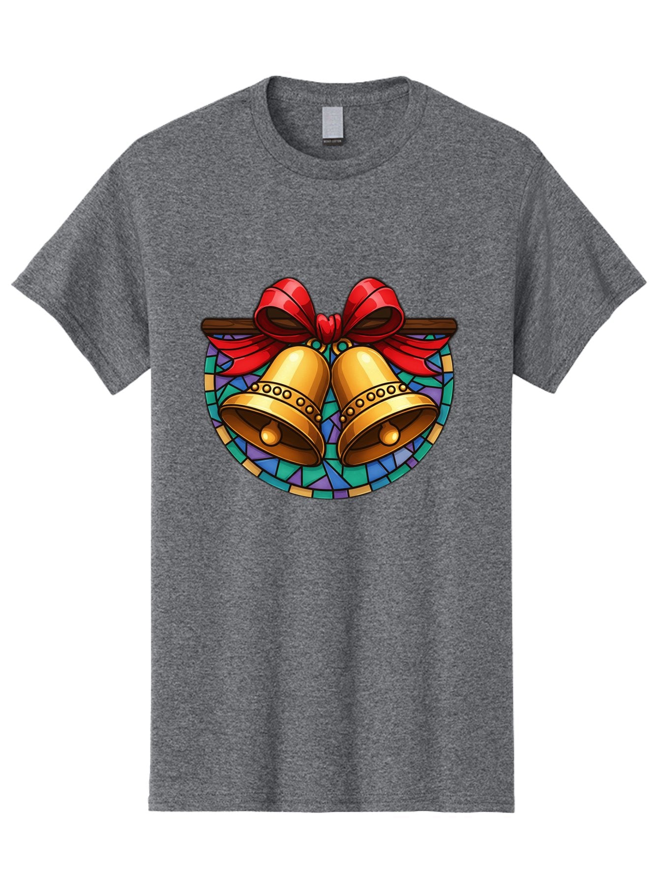 Christmas-Bells-Stained-Glass Men'S Graphic Tee, 100% Cotton, Comfortable Casual Summer Wear, Machine Washable, Golden Christmas Bells, Stained Glass, Red Ribbon, Festive Decorations, Holiday Cheer, Christmas Celebration, Vintage Style, Baa315 12