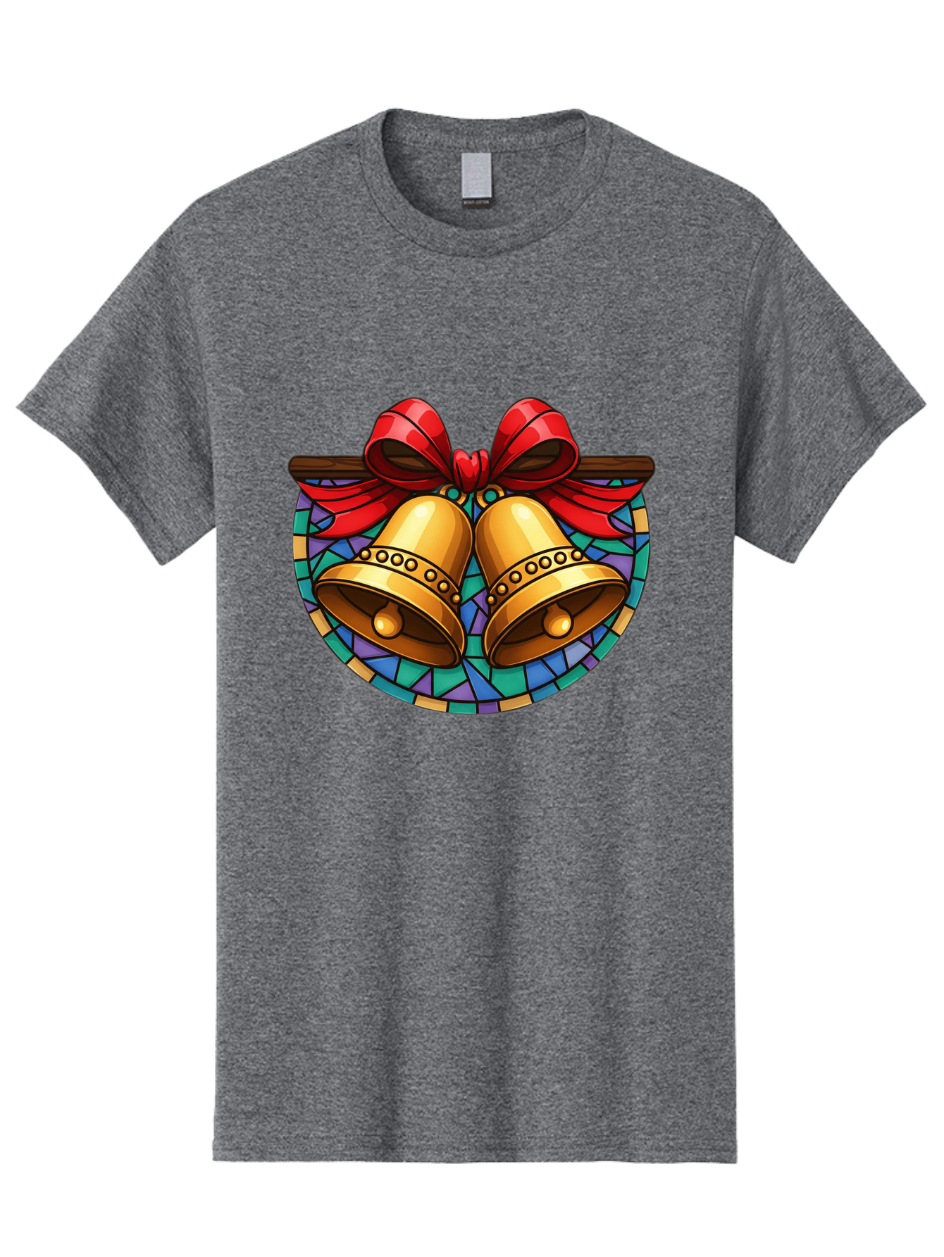 Christmas-Bells-Stained-Glass Men'S Graphic Tee, 100% Cotton, Comfortable Casual Summer Wear, Machine Washable, Golden Christmas Bells, Stained Glass, Red Ribbon, Festive Decorations, Holiday Cheer, Christmas Celebration, Vintage Style, Baa315 5