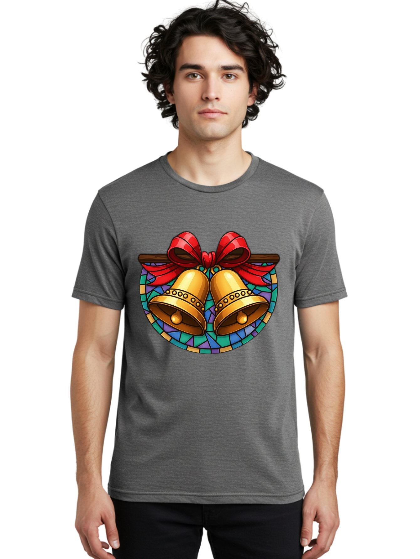 Christmas-Bells-Stained-Glass Men'S Graphic Tee, 100% Cotton, Comfortable Casual Summer Wear, Machine Washable, Golden Christmas Bells, Stained Glass, Red Ribbon, Festive Decorations, Holiday Cheer, Christmas Celebration, Vintage Style, Baa315 28