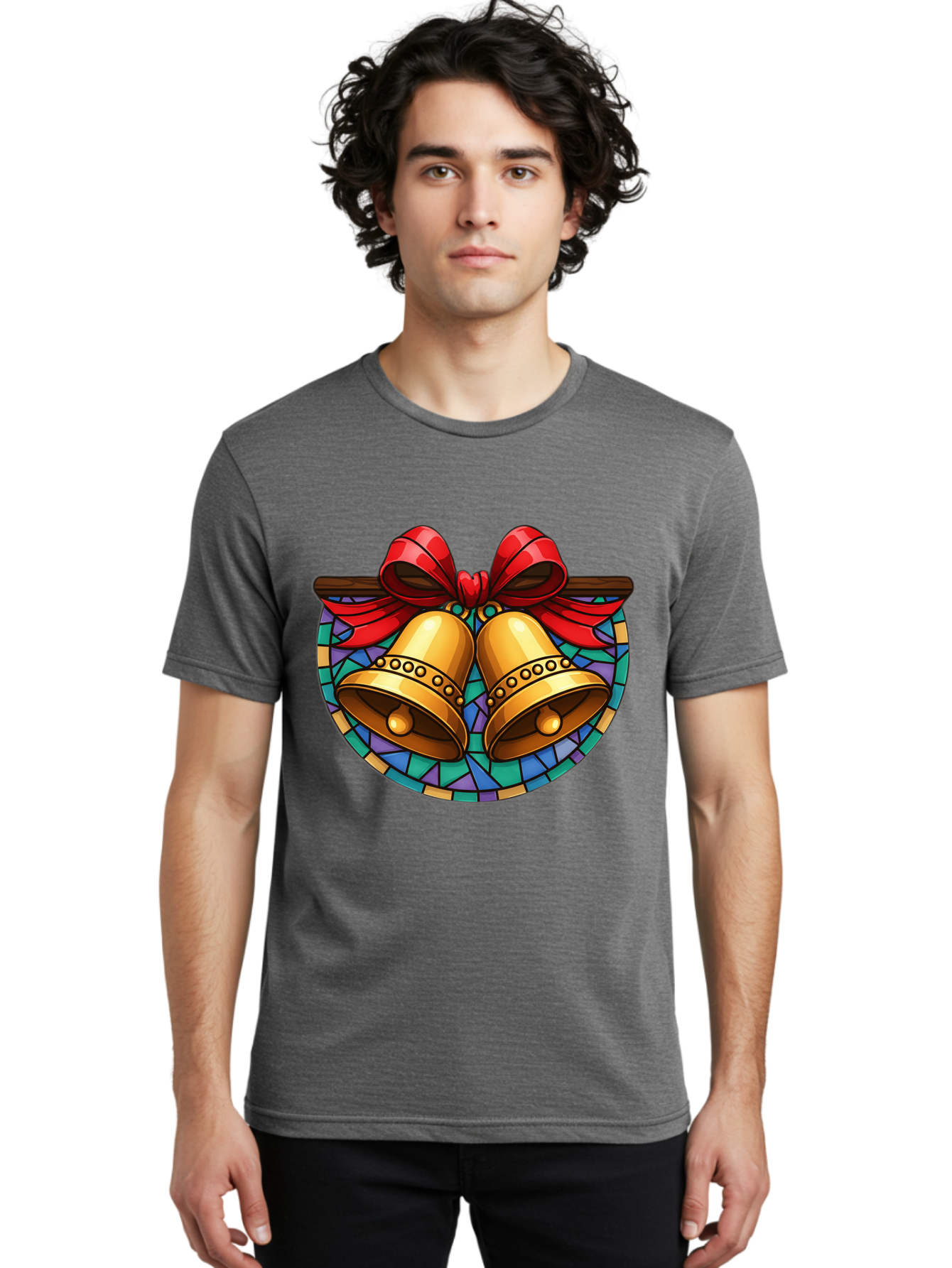 Christmas-Bells-Stained-Glass Men'S Graphic Tee, 100% Cotton, Comfortable Casual Summer Wear, Machine Washable, Golden Christmas Bells, Stained Glass, Red Ribbon, Festive Decorations, Holiday Cheer, Christmas Celebration, Vintage Style, Baa315 6