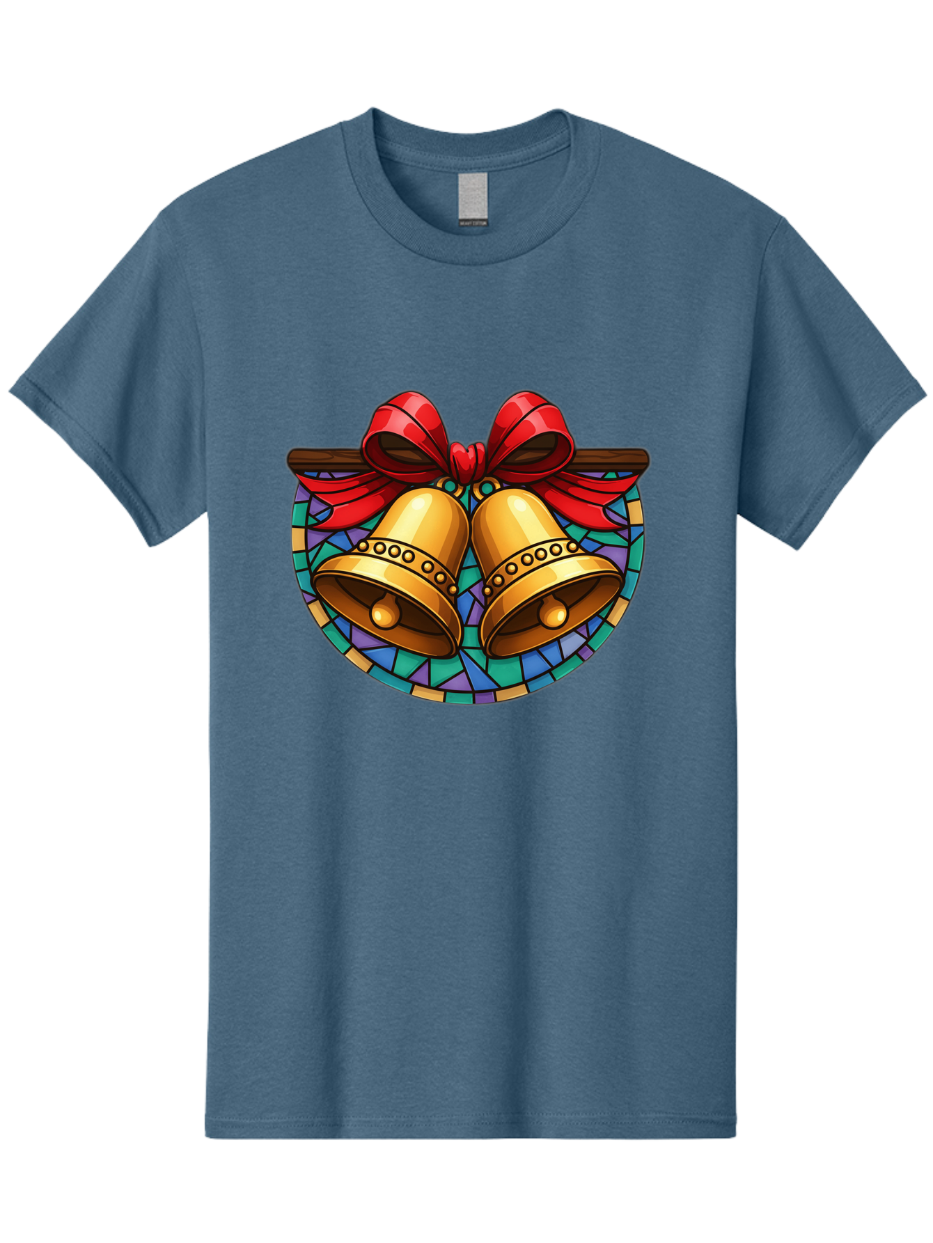 Christmas-Bells-Stained-Glass Men'S Graphic Tee, 100% Cotton, Comfortable Casual Summer Wear, Machine Washable, Golden Christmas Bells, Stained Glass, Red Ribbon, Festive Decorations, Holiday Cheer, Christmas Celebration, Vintage Style, Baa315 11