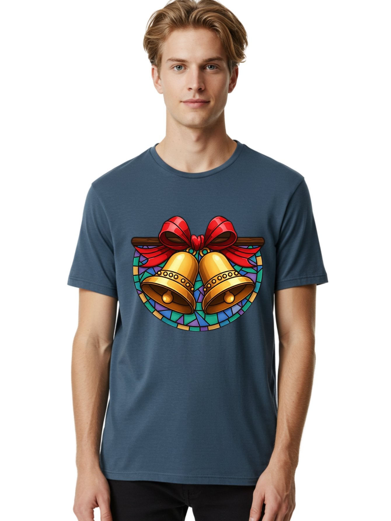 Christmas-Bells-Stained-Glass Men'S Graphic Tee, 100% Cotton, Comfortable Casual Summer Wear, Machine Washable, Golden Christmas Bells, Stained Glass, Red Ribbon, Festive Decorations, Holiday Cheer, Christmas Celebration, Vintage Style, Baa315 25
