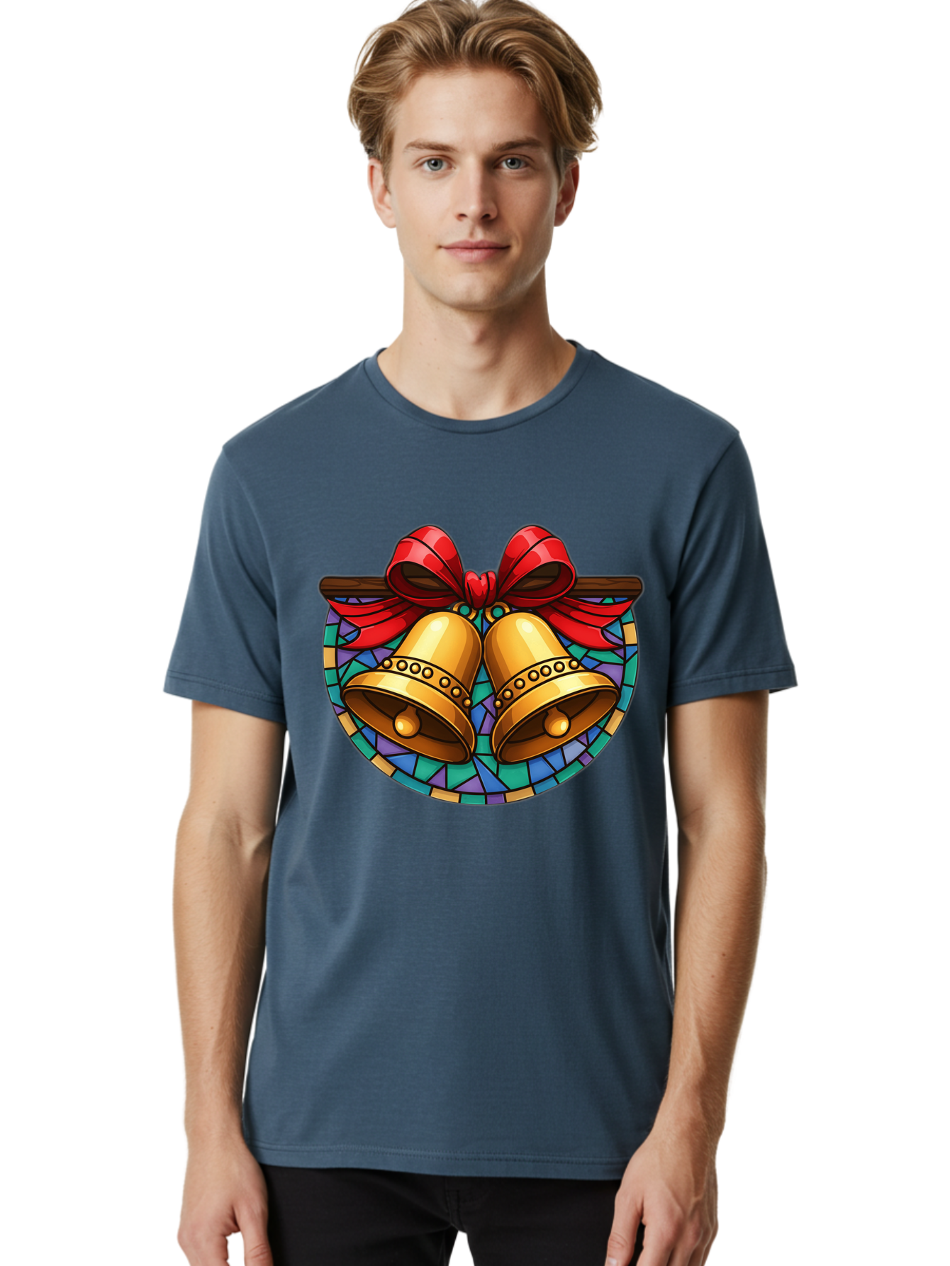 Christmas-Bells-Stained-Glass Men'S Graphic Tee, 100% Cotton, Comfortable Casual Summer Wear, Machine Washable, Golden Christmas Bells, Stained Glass, Red Ribbon, Festive Decorations, Holiday Cheer, Christmas Celebration, Vintage Style, Baa315 12