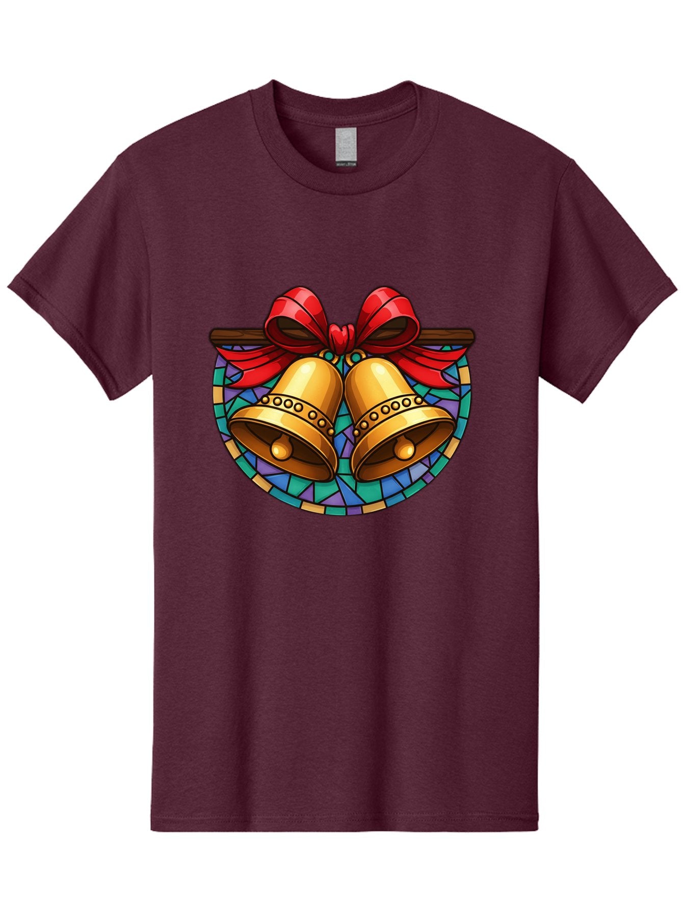 Christmas-Bells-Stained-Glass Men'S Graphic Tee, 100% Cotton, Comfortable Casual Summer Wear, Machine Washable, Golden Christmas Bells, Stained Glass, Red Ribbon, Festive Decorations, Holiday Cheer, Christmas Celebration, Vintage Style, Baa315