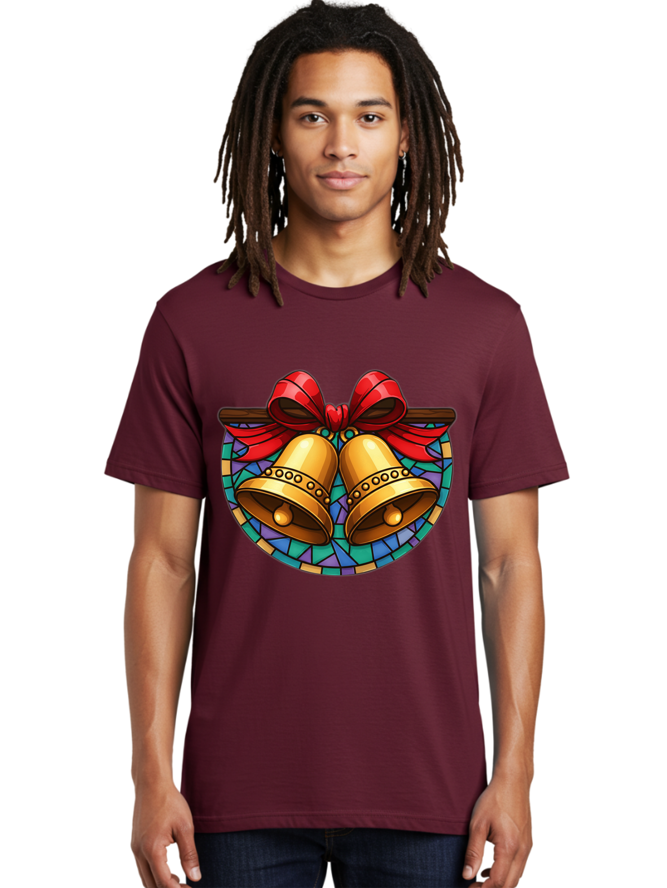 Christmas-Bells-Stained-Glass Men'S Graphic Tee, 100% Cotton, Comfortable Casual Summer Wear, Machine Washable, Golden Christmas Bells, Stained Glass, Red Ribbon, Festive Decorations, Holiday Cheer, Christmas Celebration, Vintage Style, Baa315 20