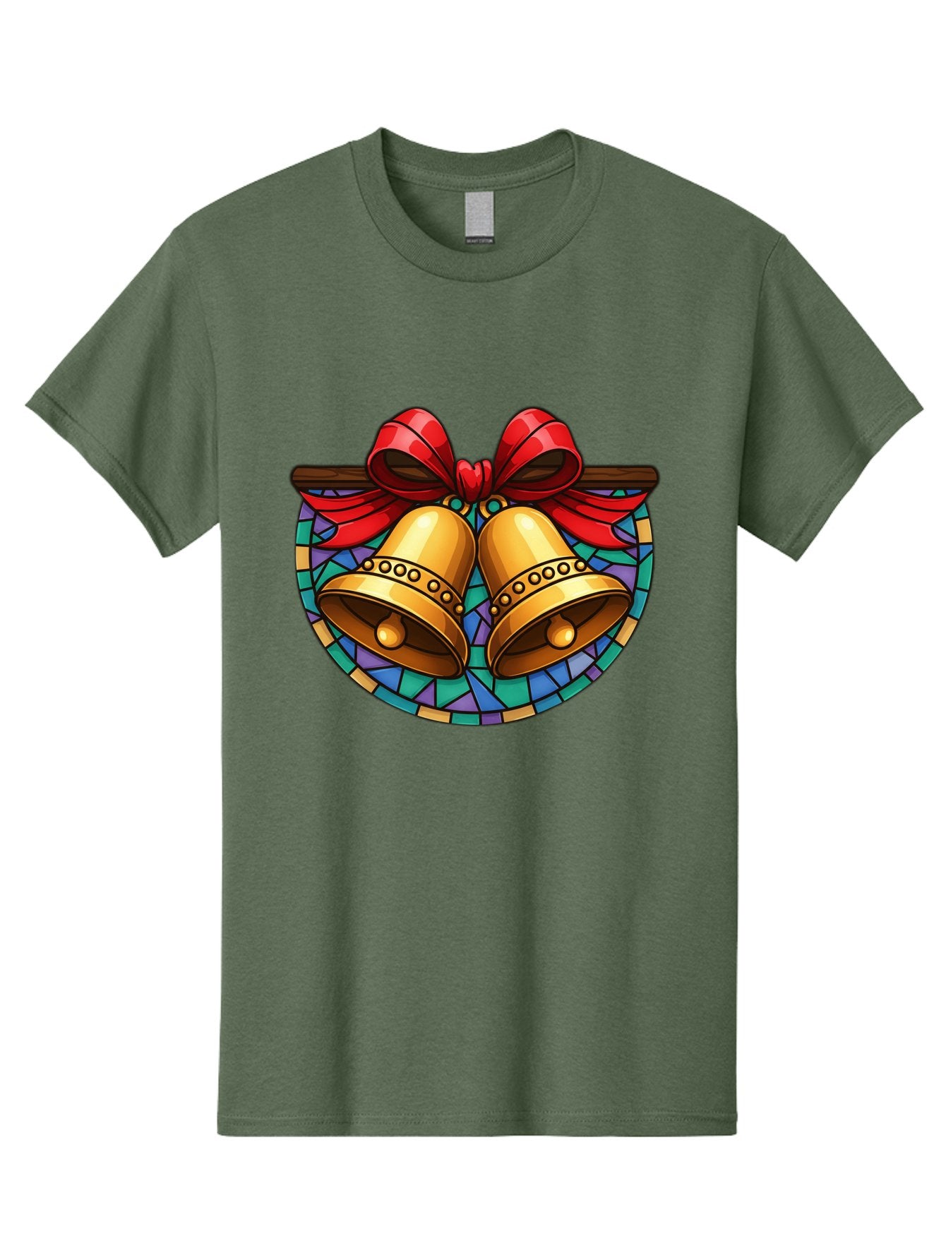 Christmas-Bells-Stained-Glass Men'S Graphic Tee, 100% Cotton, Comfortable Casual Summer Wear, Machine Washable, Golden Christmas Bells, Stained Glass, Red Ribbon, Festive Decorations, Holiday Cheer, Christmas Celebration, Vintage Style, Baa315 6