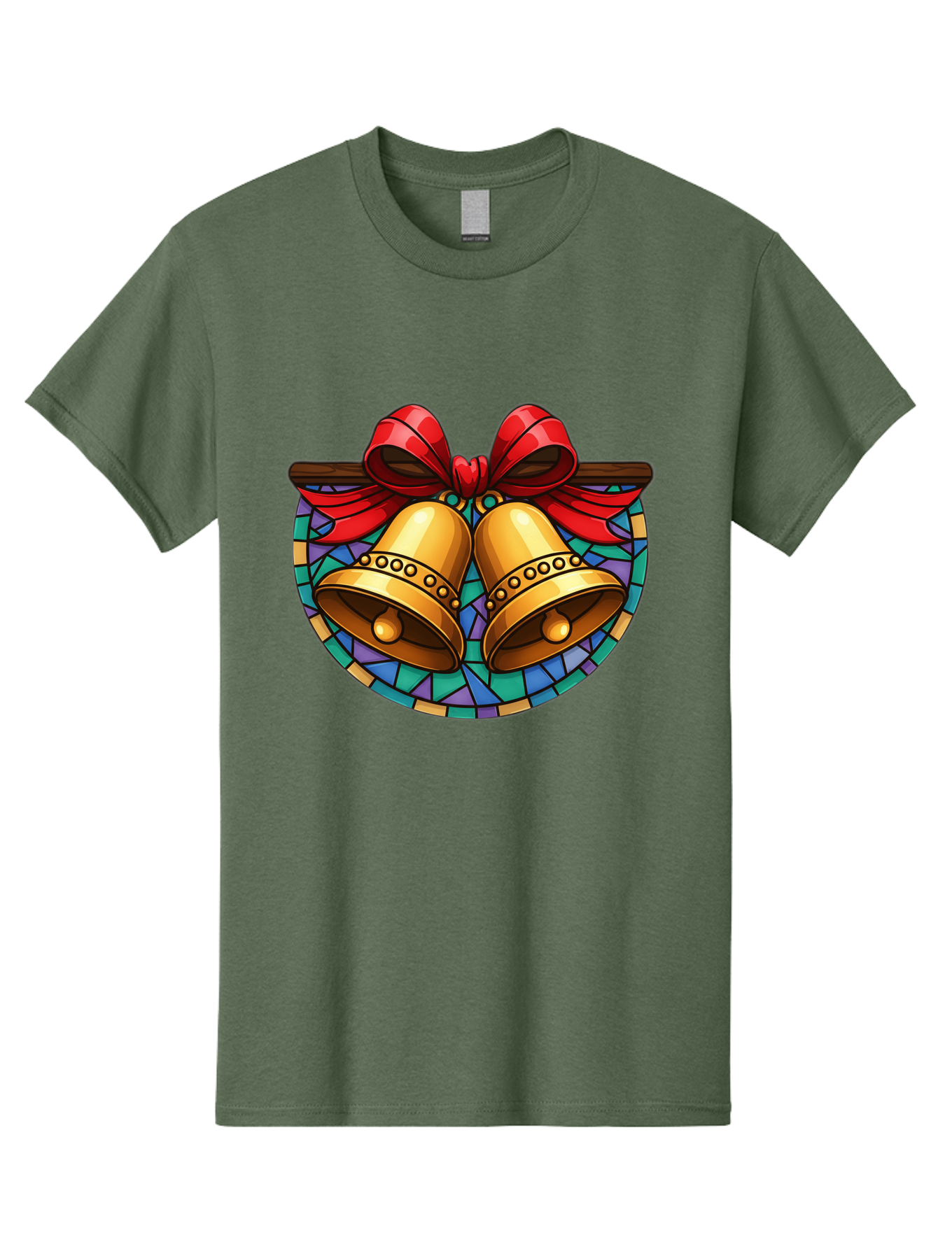 Christmas-Bells-Stained-Glass Men'S Graphic Tee, 100% Cotton, Comfortable Casual Summer Wear, Machine Washable, Golden Christmas Bells, Stained Glass, Red Ribbon, Festive Decorations, Holiday Cheer, Christmas Celebration, Vintage Style, Baa315 13