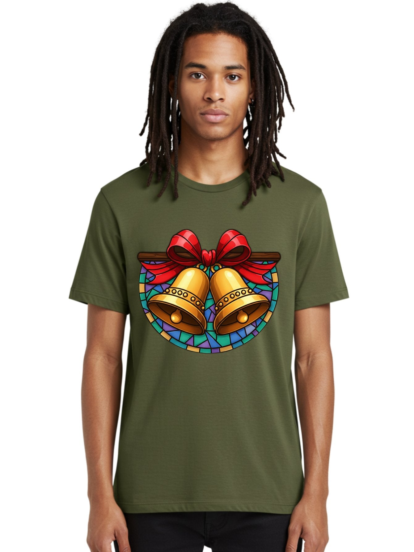 Christmas-Bells-Stained-Glass Men'S Graphic Tee, 100% Cotton, Comfortable Casual Summer Wear, Machine Washable, Golden Christmas Bells, Stained Glass, Red Ribbon, Festive Decorations, Holiday Cheer, Christmas Celebration, Vintage Style, Baa315 24