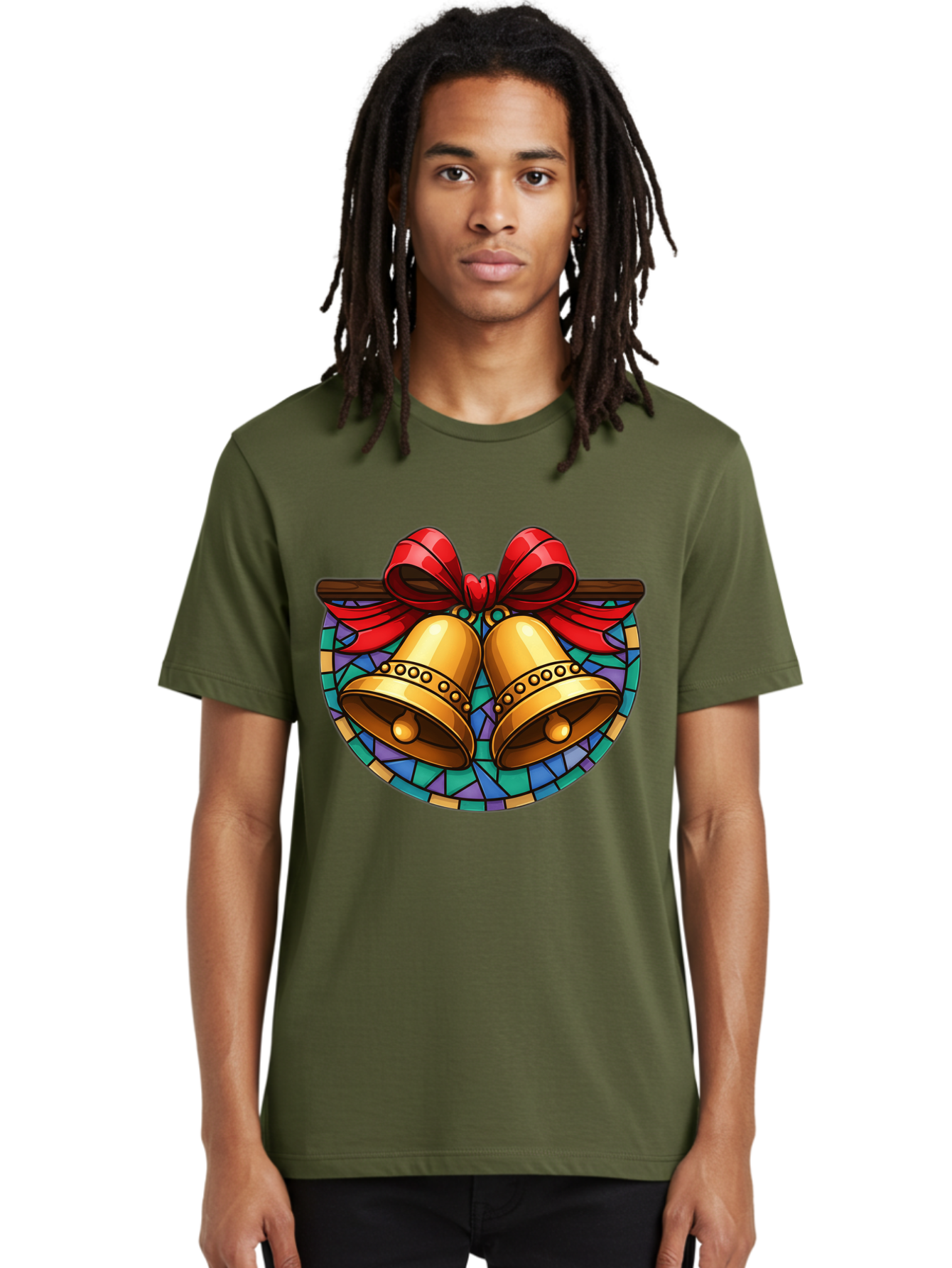 Christmas-Bells-Stained-Glass Men'S Graphic Tee, 100% Cotton, Comfortable Casual Summer Wear, Machine Washable, Golden Christmas Bells, Stained Glass, Red Ribbon, Festive Decorations, Holiday Cheer, Christmas Celebration, Vintage Style, Baa315 14