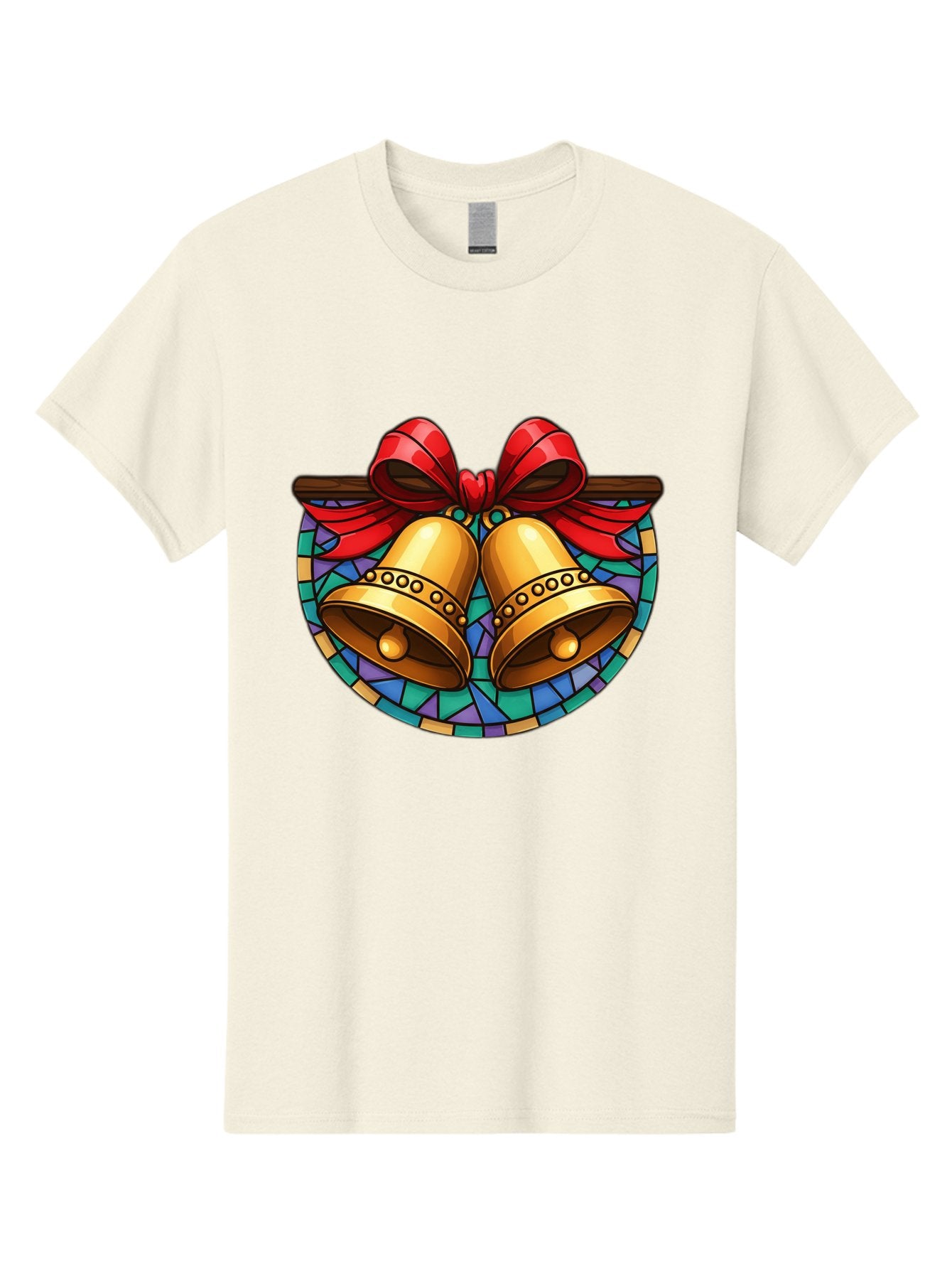 Christmas-Bells-Stained-Glass Men'S Graphic Tee, 100% Cotton, Comfortable Casual Summer Wear, Machine Washable, Golden Christmas Bells, Stained Glass, Red Ribbon, Festive Decorations, Holiday Cheer, Christmas Celebration, Vintage Style, Baa315