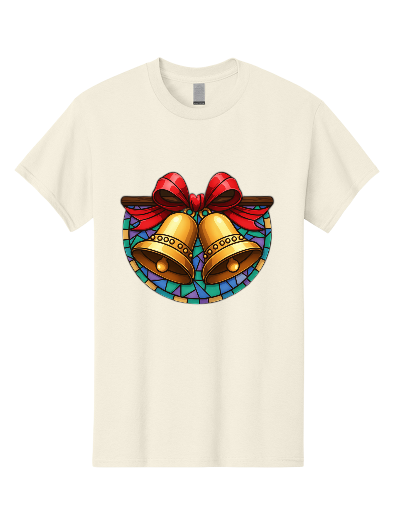 Christmas-Bells-Stained-Glass Men'S Graphic Tee, 100% Cotton, Comfortable Casual Summer Wear, Machine Washable, Golden Christmas Bells, Stained Glass, Red Ribbon, Festive Decorations, Holiday Cheer, Christmas Celebration, Vintage Style, Baa315 21